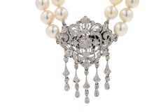 White Japanese Akoya Pearl Diamond 18 Karat White Gold Necklace Brooch Pin Combo