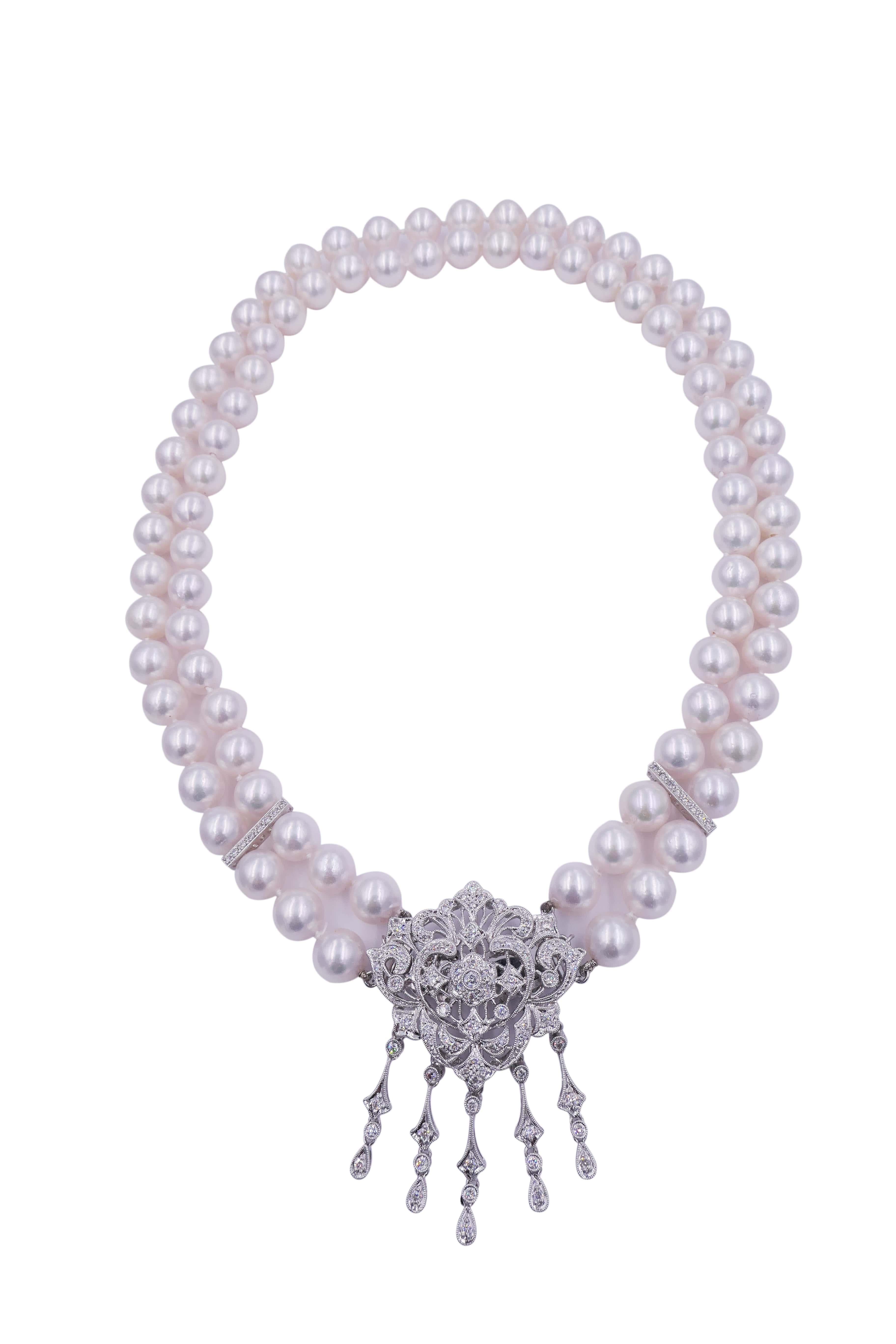 White Japanese Akoya Pearl Diamond 18 Karat White Gold Necklace Brooch