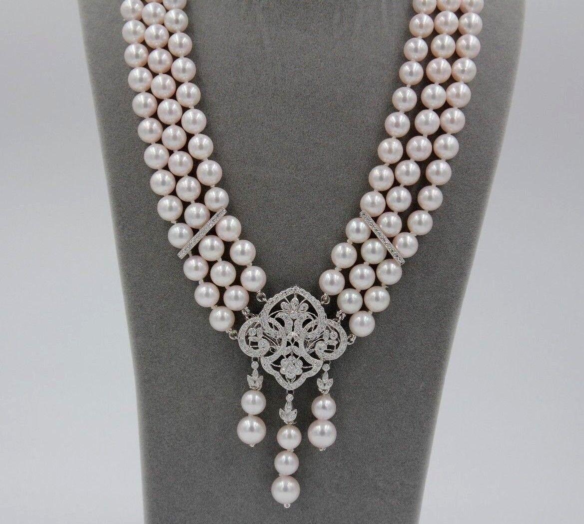 Halskette/Brosche/Anstecknadel, weiße japanische Akoya-Perle Diamant 18 Karat Weißgold (Rundschliff) im Angebot