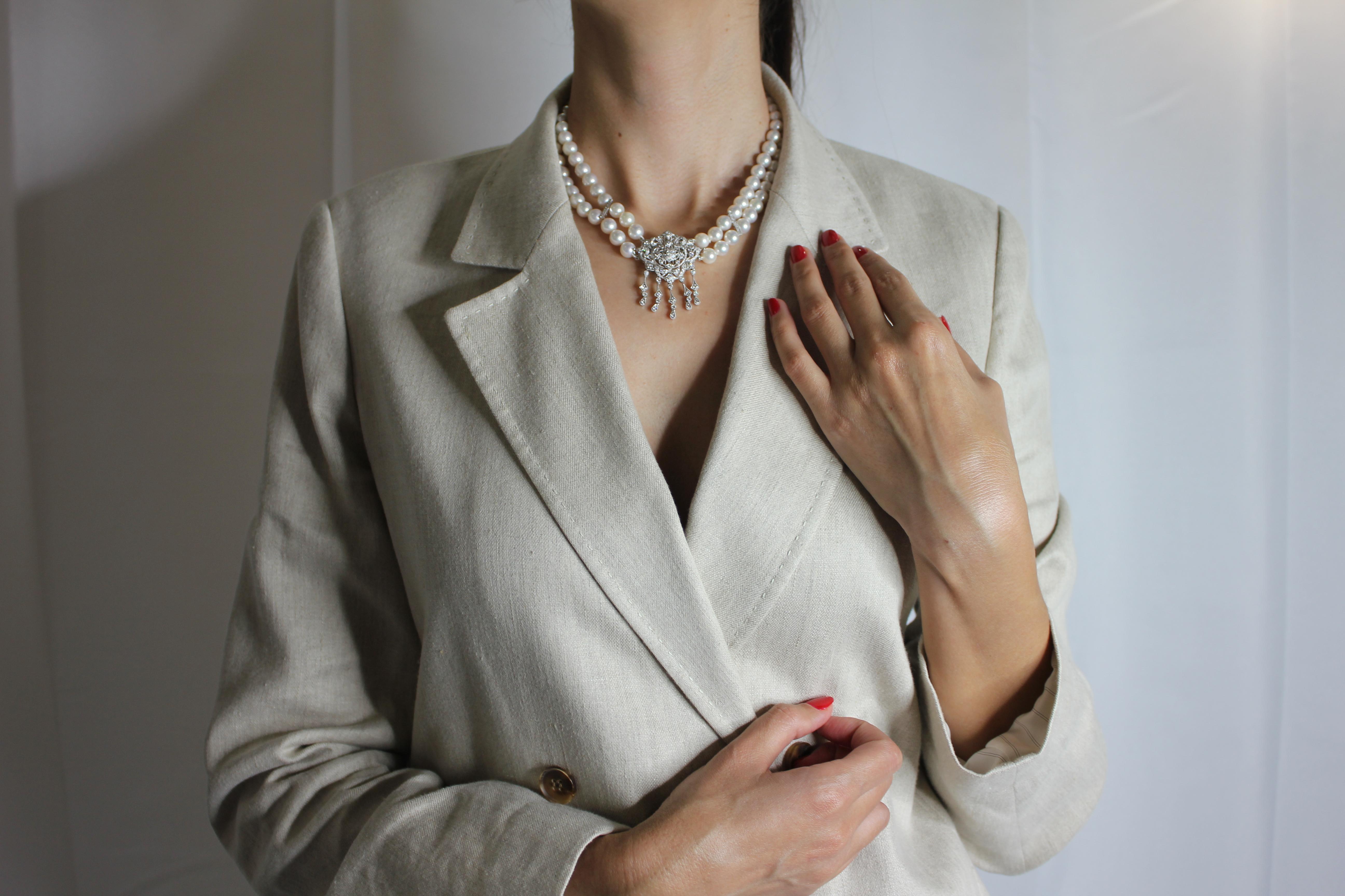 Halskette/Brosche/Anstecknadel, weiße japanische Akoya-Perle Diamant 18 Karat Weißgold im Angebot 9