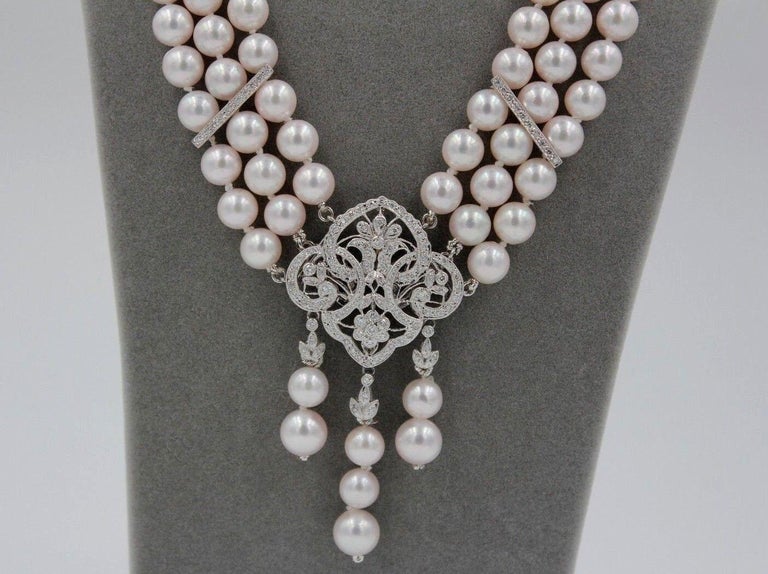 White Japanese Akoya Pearl Diamond 18 Karat White Gold Necklace Brooch