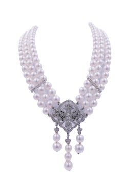 Combo collier, broche, perle Akoya japonaise blanche, diamant et or blanc 18 carats