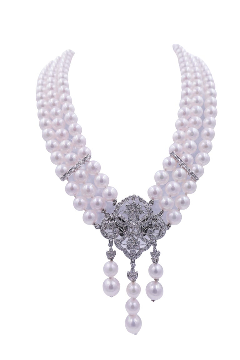 White Japanese Akoya Pearl Diamond 18 Karat White Gold Necklace Brooch