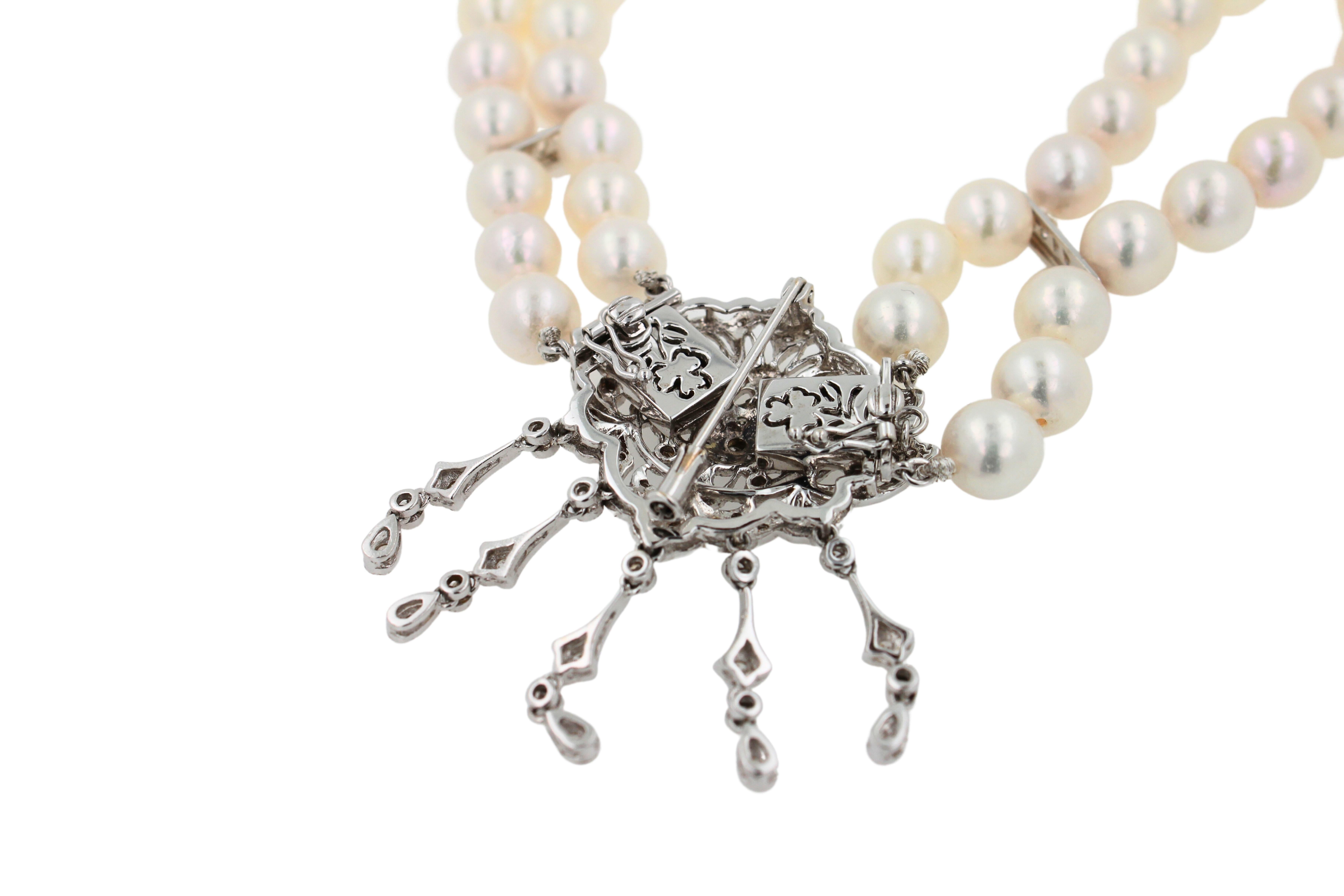 Women's or Men's White Japanese Akoya Pearl Diamond 18 Karat White Gold Necklace Brooch Pin Combo For Sale
