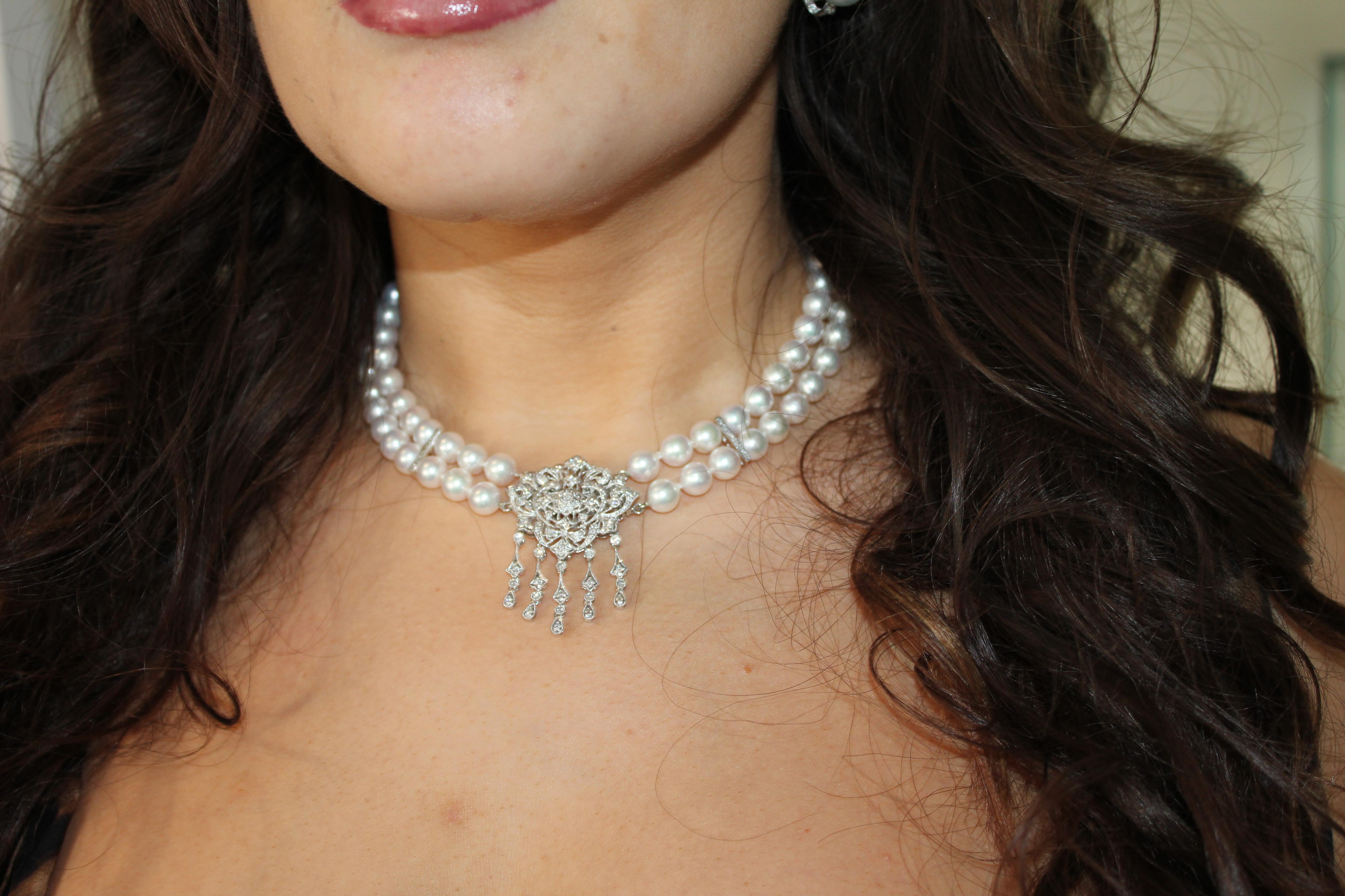 Halskette/Brosche/Anstecknadel, weiße japanische Akoya-Perle Diamant 18 Karat Weißgold im Angebot 13
