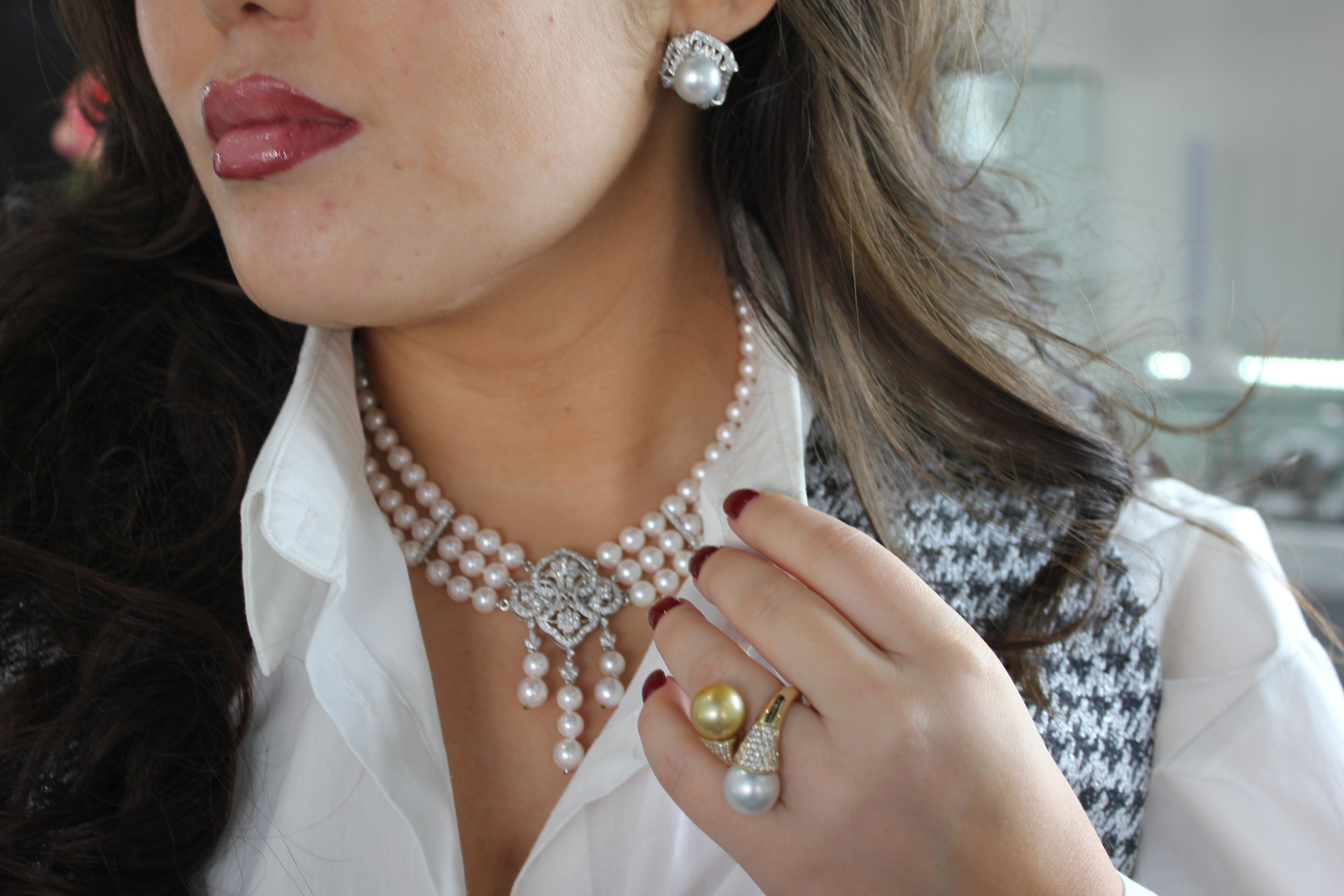Women's or Men's White Japanese Akoya Pearl Diamond 18 Karat White Gold Necklace Brooch Pin Combo For Sale