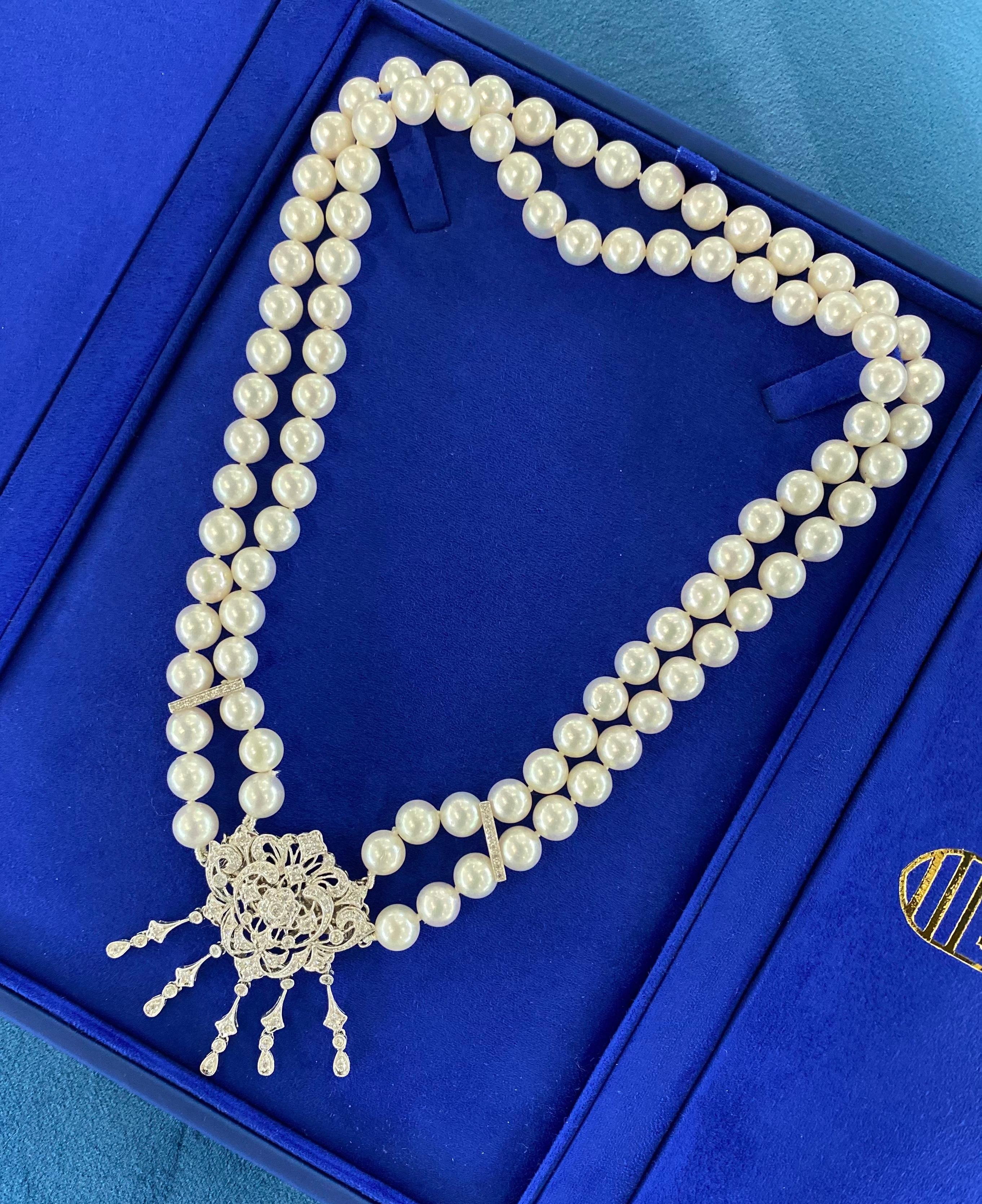 Halskette/Brosche/Anstecknadel, weiße japanische Akoya-Perle Diamant 18 Karat Weißgold im Angebot 6