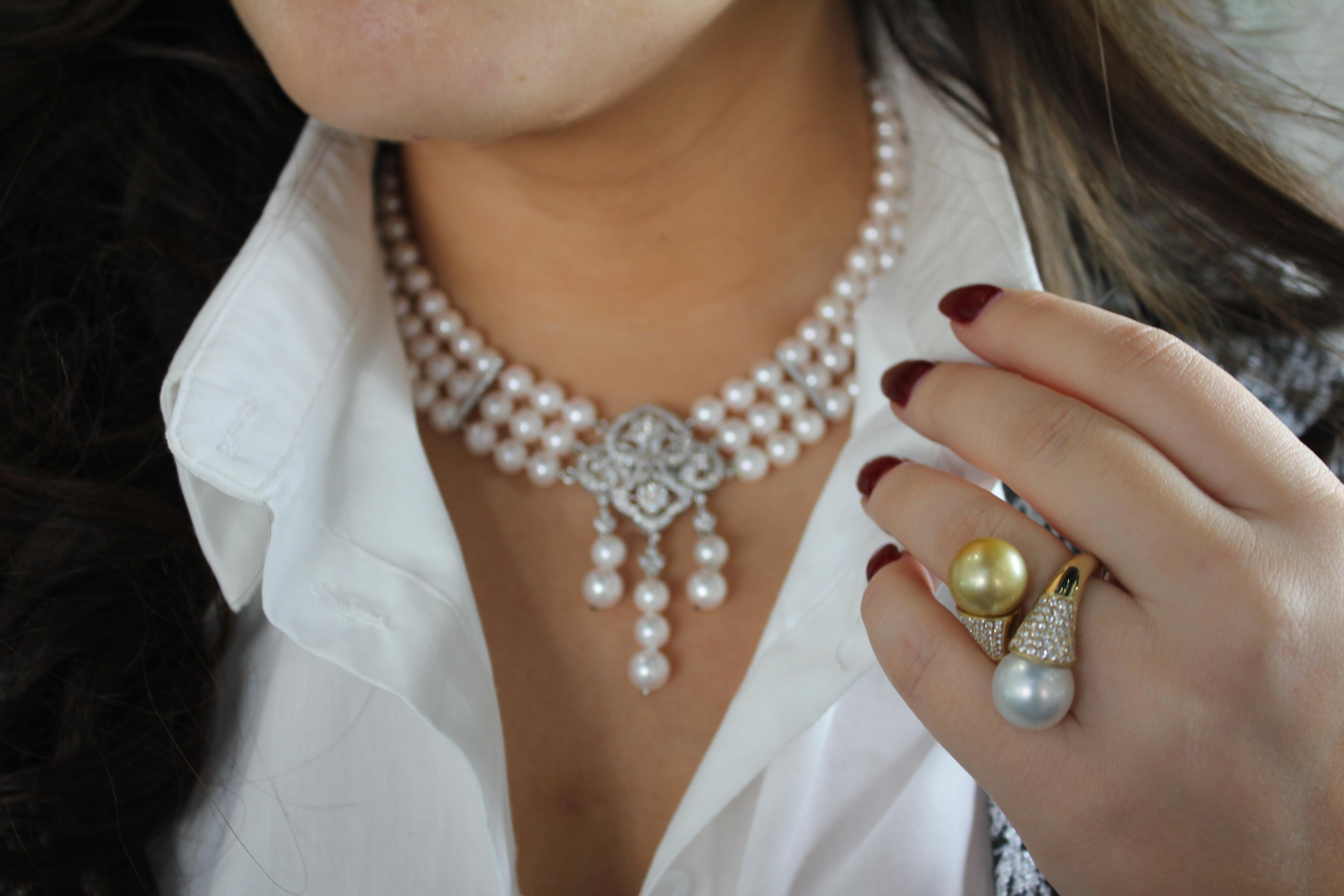 Halskette/Brosche/Anstecknadel, weiße japanische Akoya-Perle Diamant 18 Karat Weißgold im Angebot 2