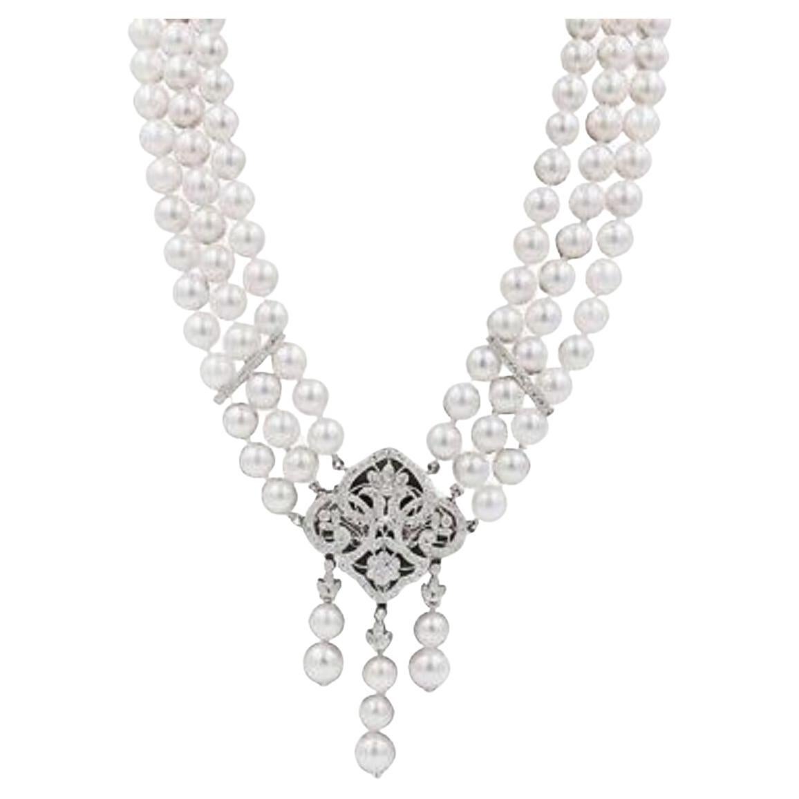 White Japanese Akoya Pearl Diamond 18 Karat White Gold Necklace Brooch Pin Combo