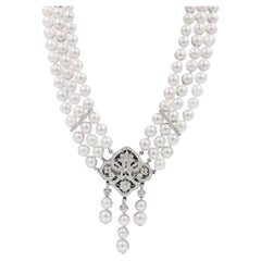 Combo collier, broche, perle Akoya japonaise blanche, diamant et or blanc 18 carats