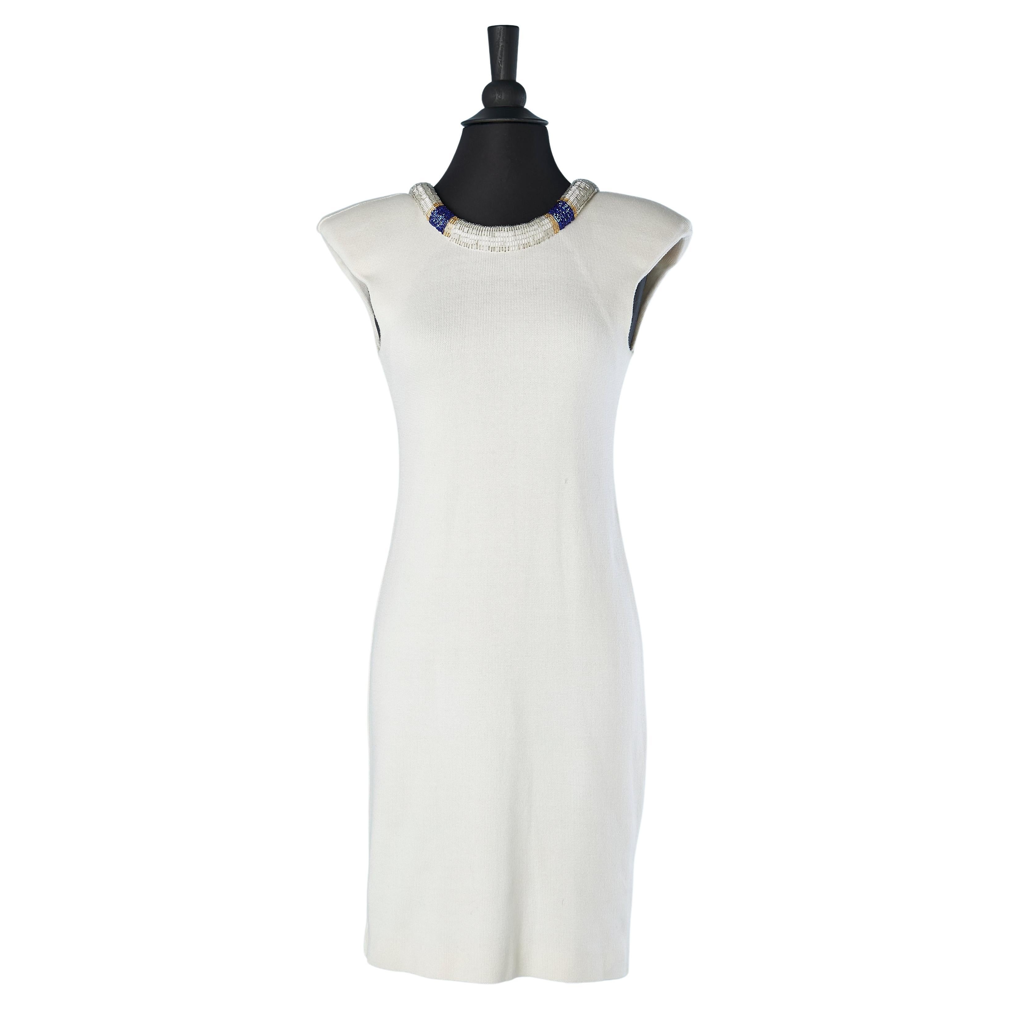 White jersey cocktail dress with beaded neckline edge and back Circa 1980's  For Sale