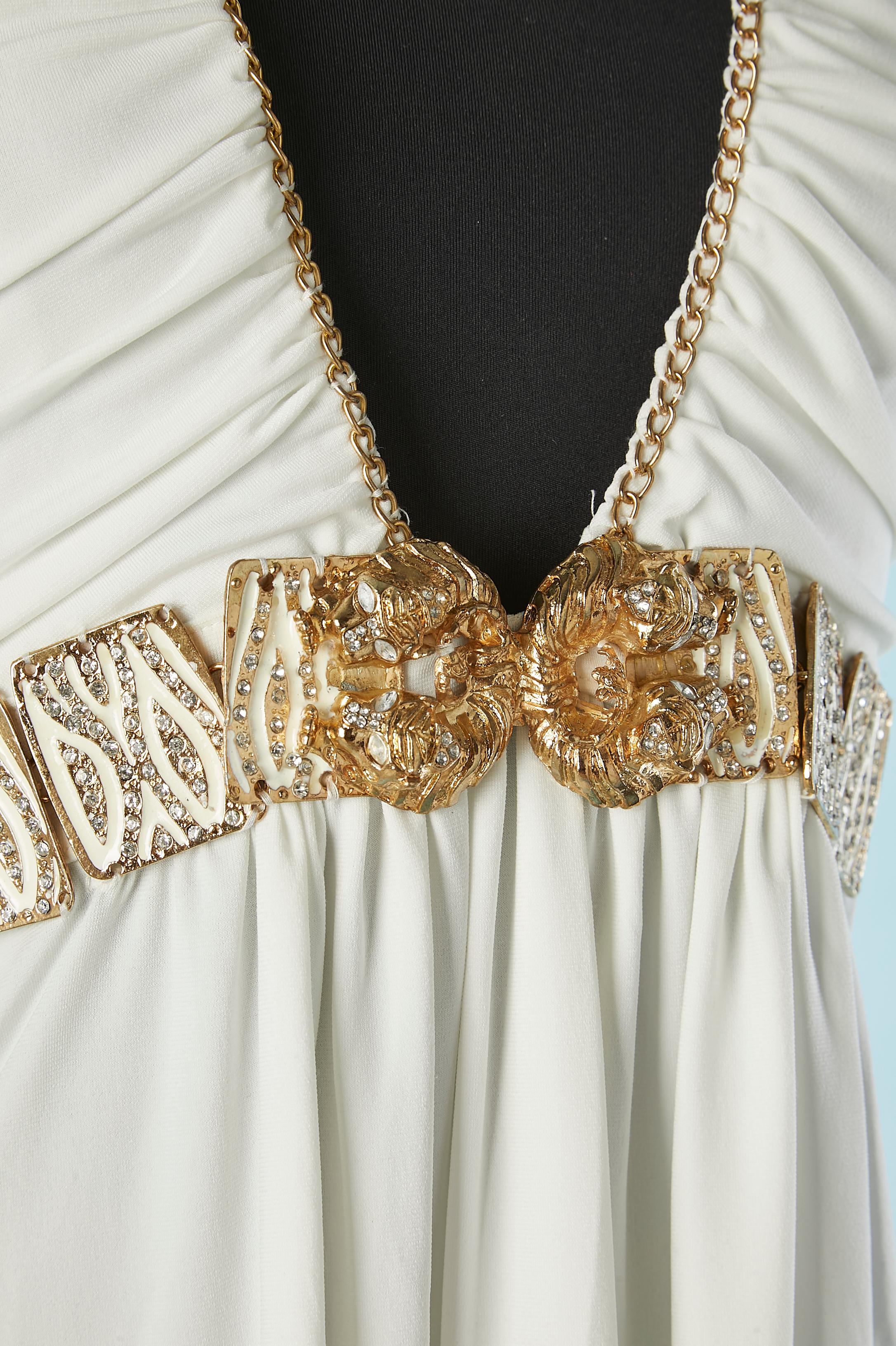 Gray White jersey cocktail dress with gold metal tiger and rhinestone Roberto CAVALLI For Sale