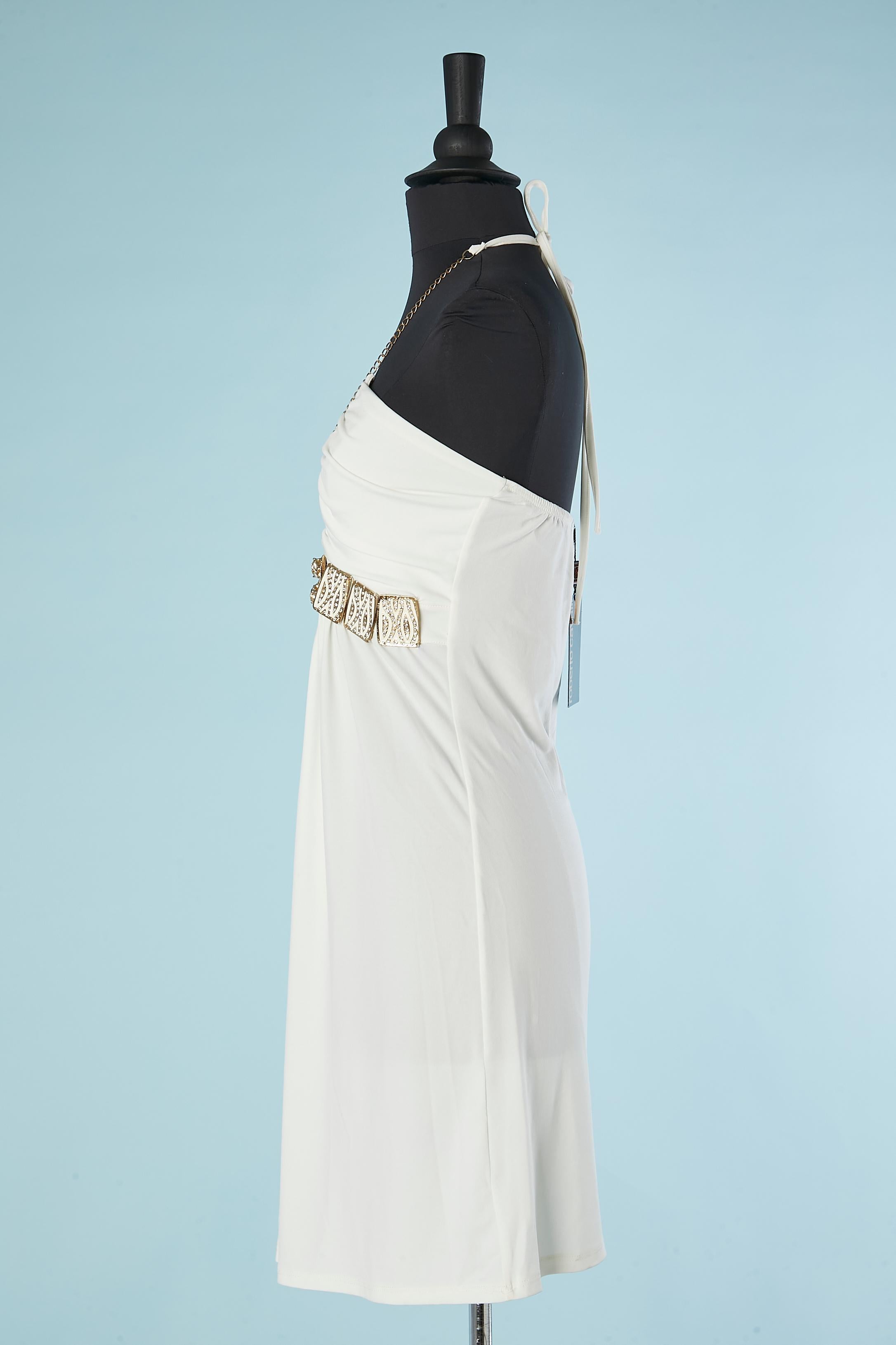 Women's White jersey cocktail dress with gold metal tiger and rhinestone Roberto CAVALLI For Sale