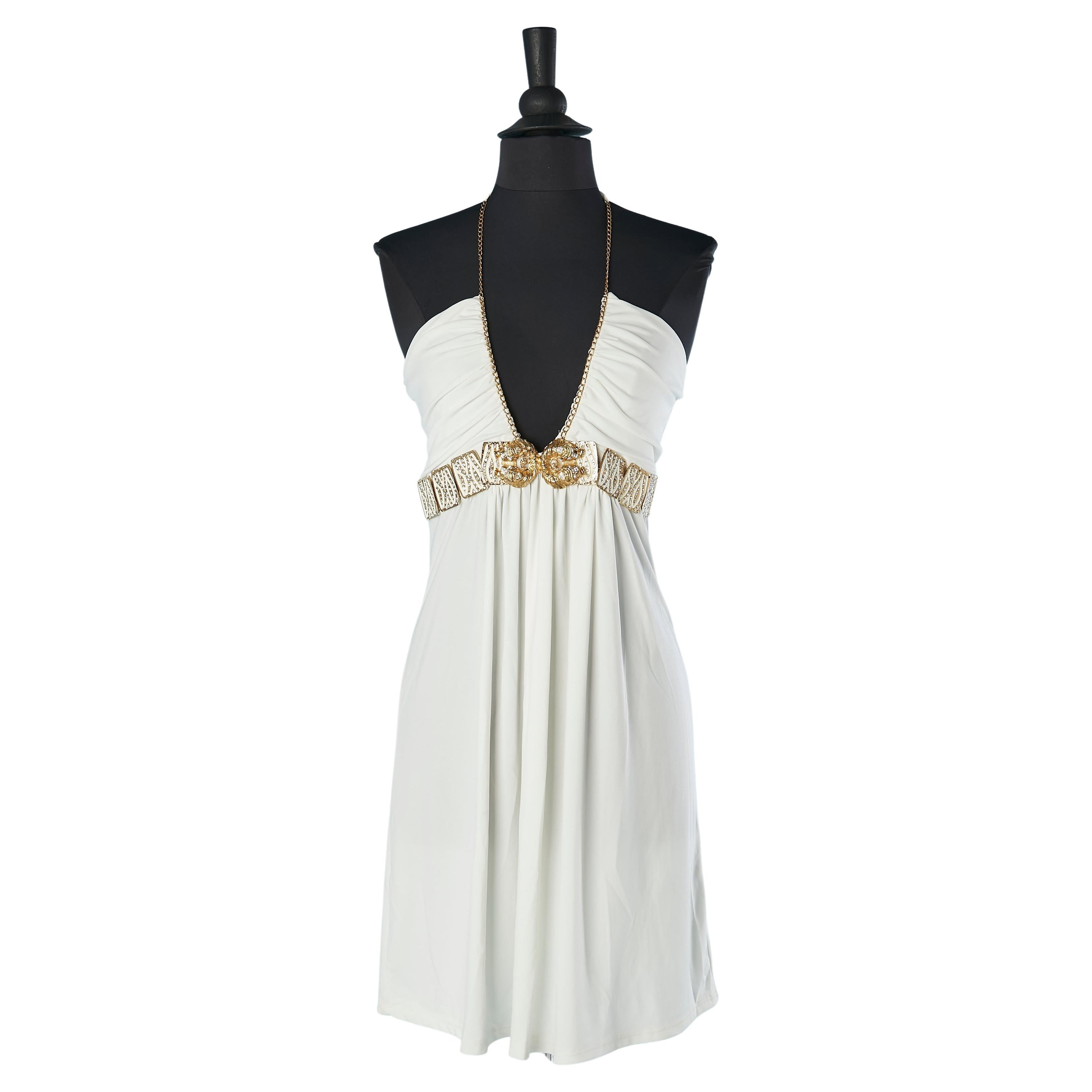 White jersey cocktail dress with gold metal tiger and rhinestone Roberto CAVALLI For Sale