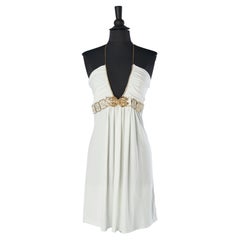 White jersey cocktail dress with gold metal tiger and rhinestone Roberto CAVALLI