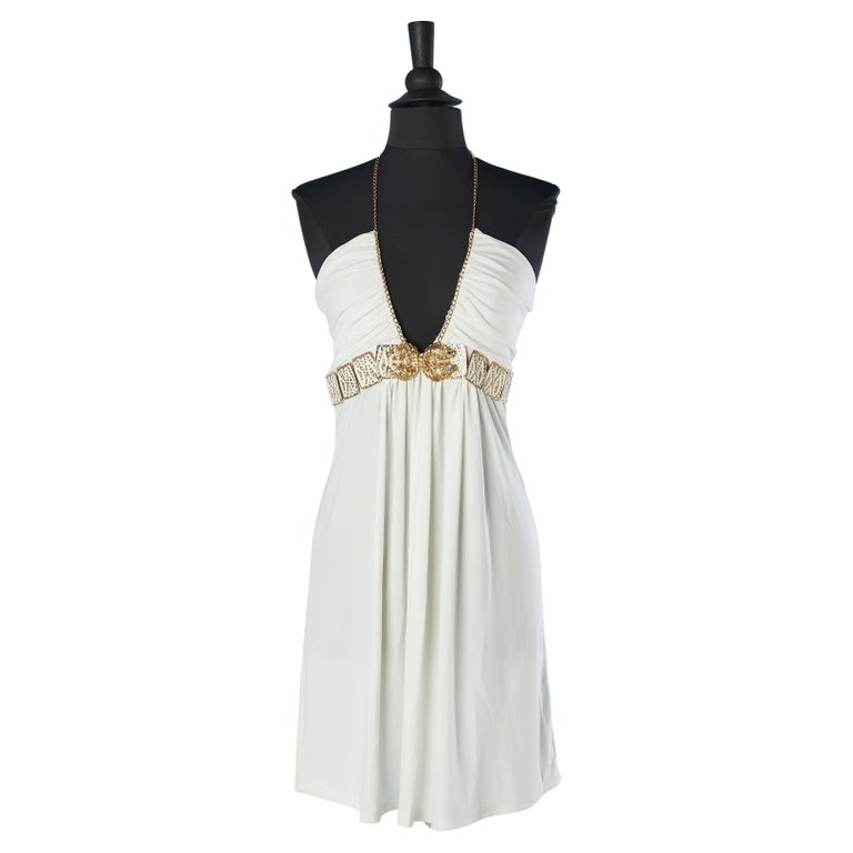 White jersey cocktail dress with gold metal tiger and rhinestone Roberto  CAVALLI For Sale at 1stDibs