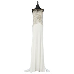 White jersey evening drag-gown with beadwork Gai Mattiolo Red Carpet NEW