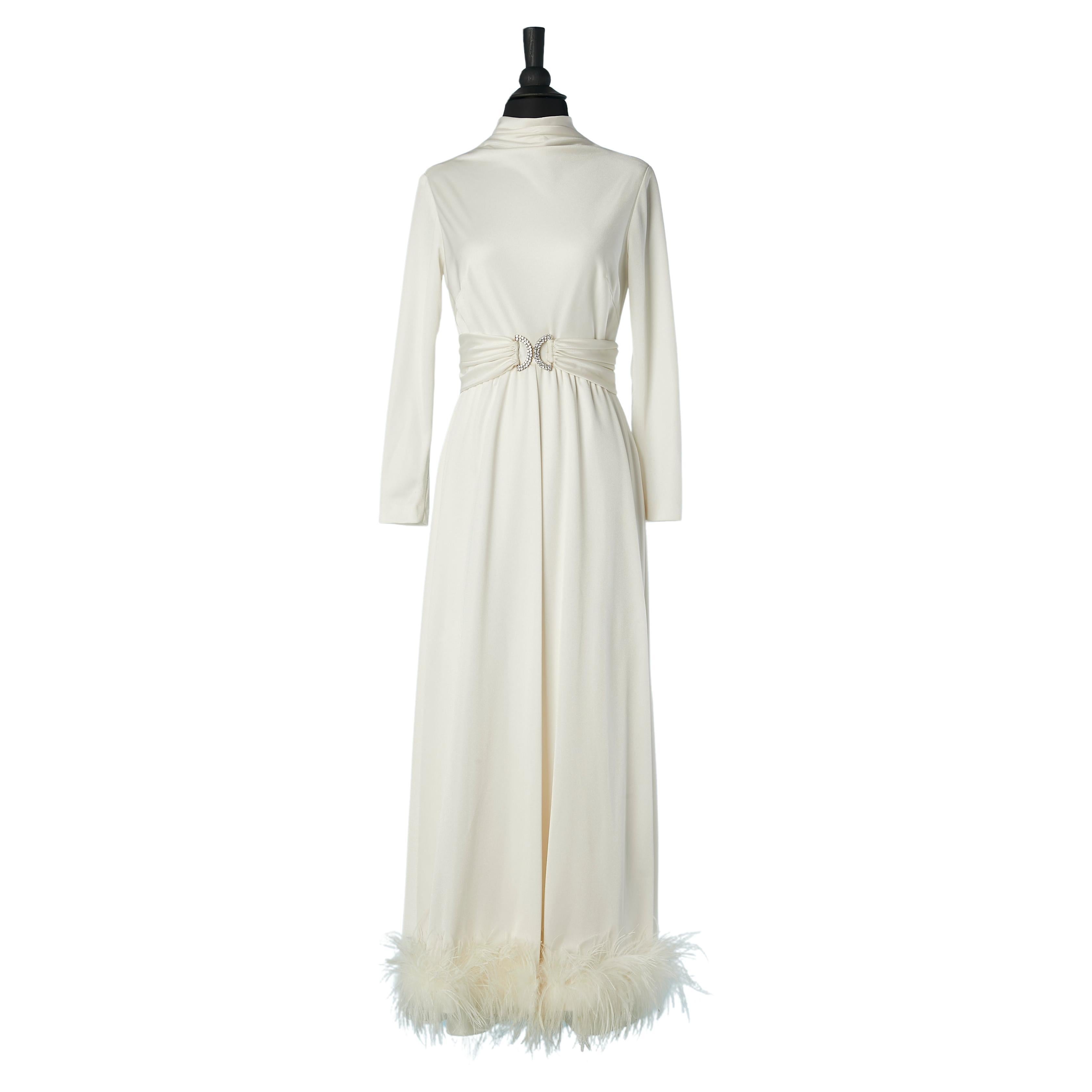 White jersey evening dress with rhinestone belt buckle and white feather edge For Sale