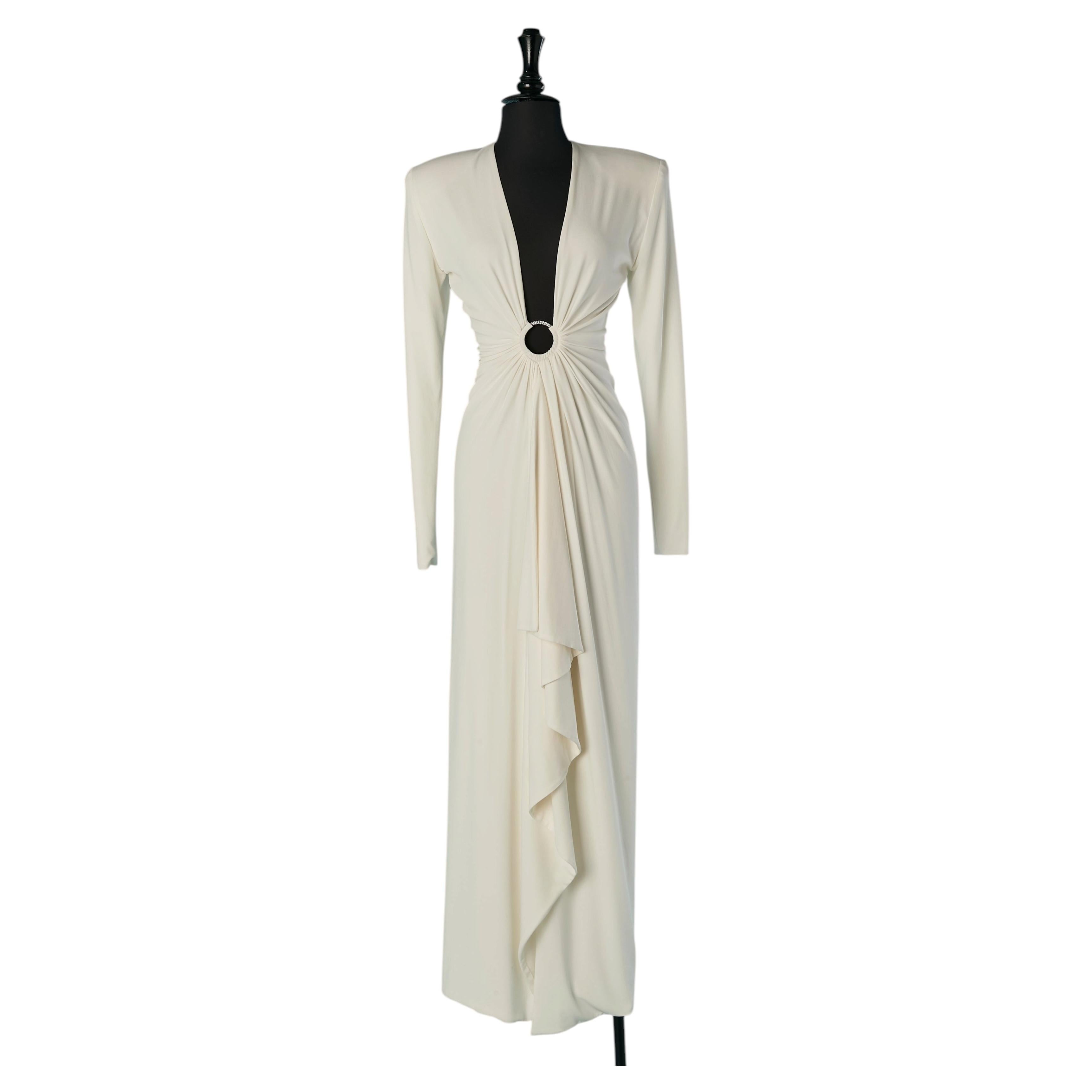 White jersey evening dress with rhinestone ring ALEXANDRE VAUTHIER
