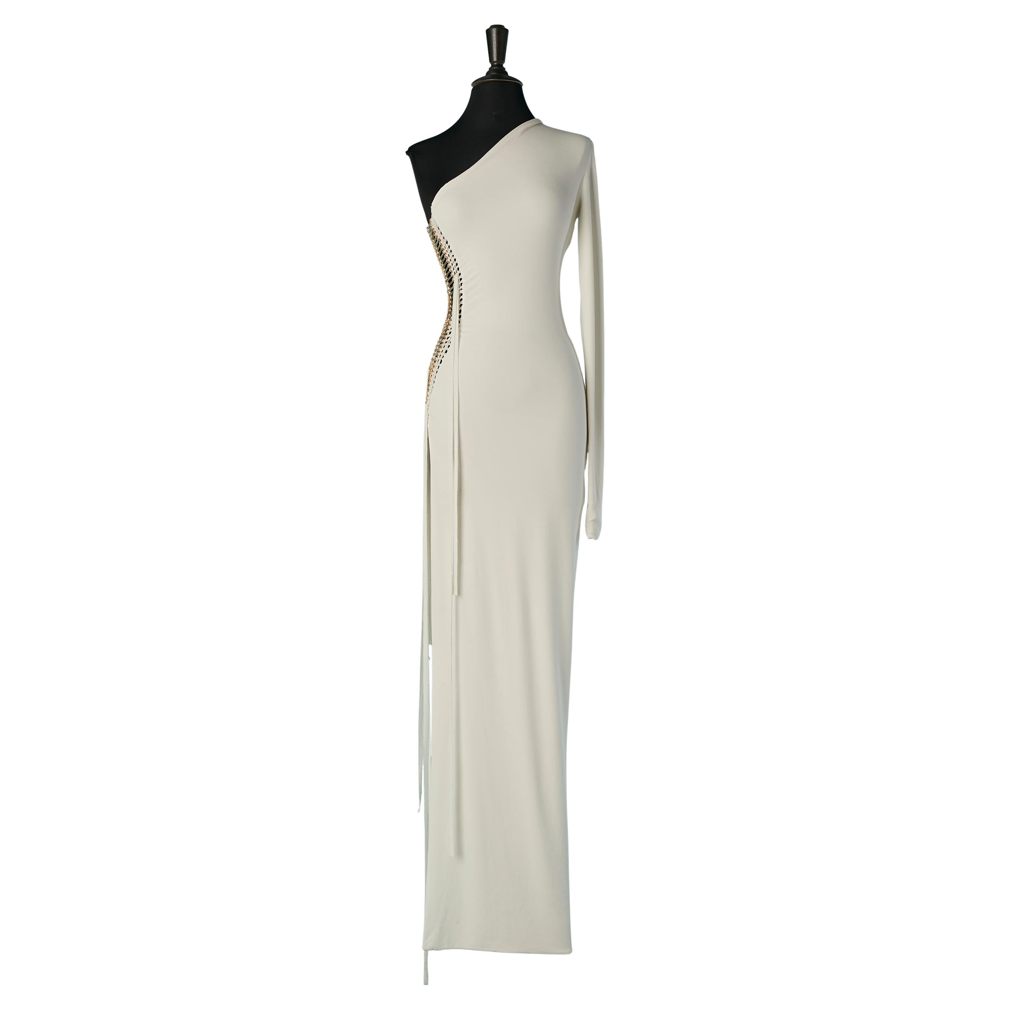 Weißes Abendkleid aus Jersey mit einer Schulter und Metallperlen ALEXANDRE VAUTHIER