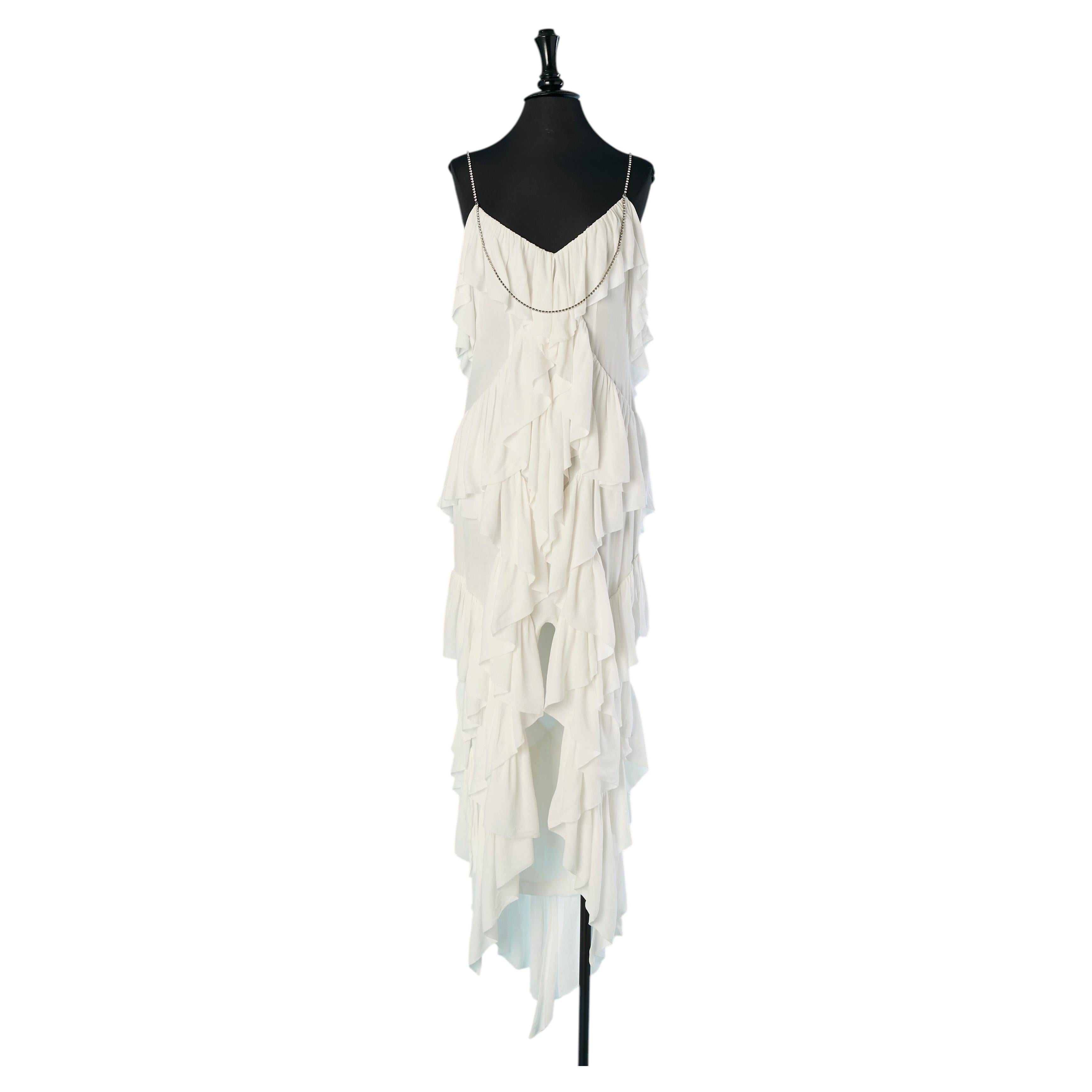 Weißes Abendkleid aus Jersey mit Rüschen und Strasskette von ALEXANDRE VAUTHIER