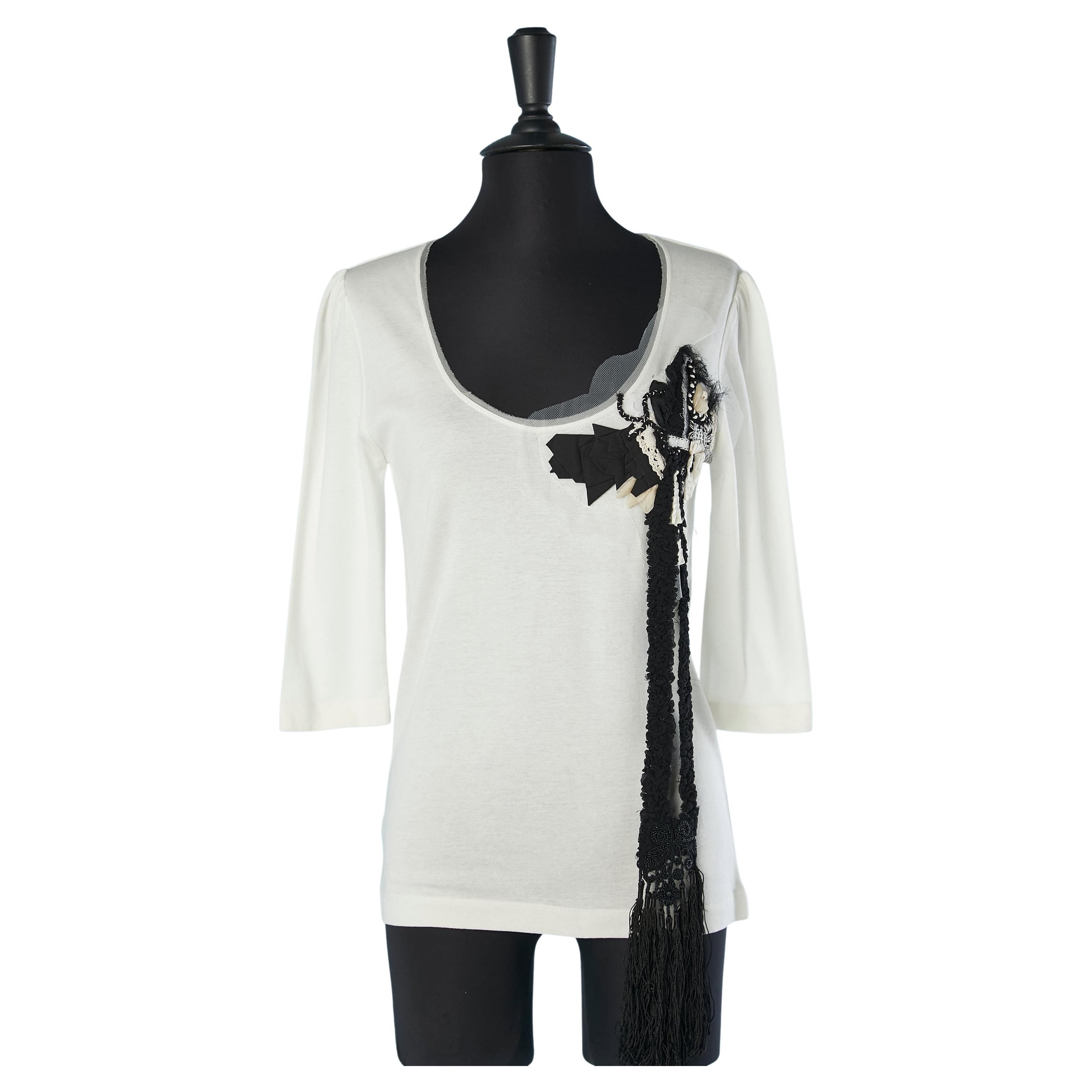 White jersey tee-shirt with ribbons and passementerie appliqué Christian Lacroix For Sale