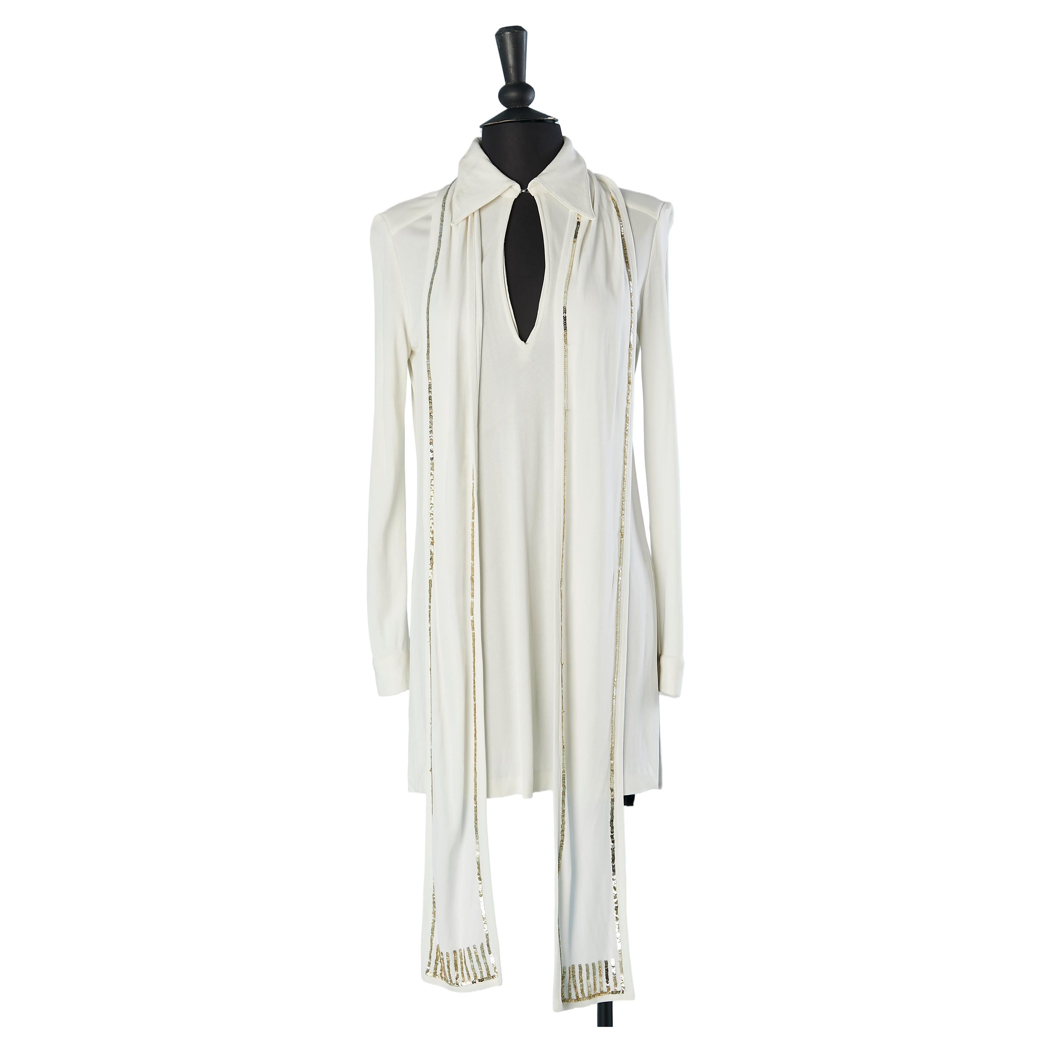 White jersey tunic with scarf and gold sequins edge Azzaro Paris For Sale