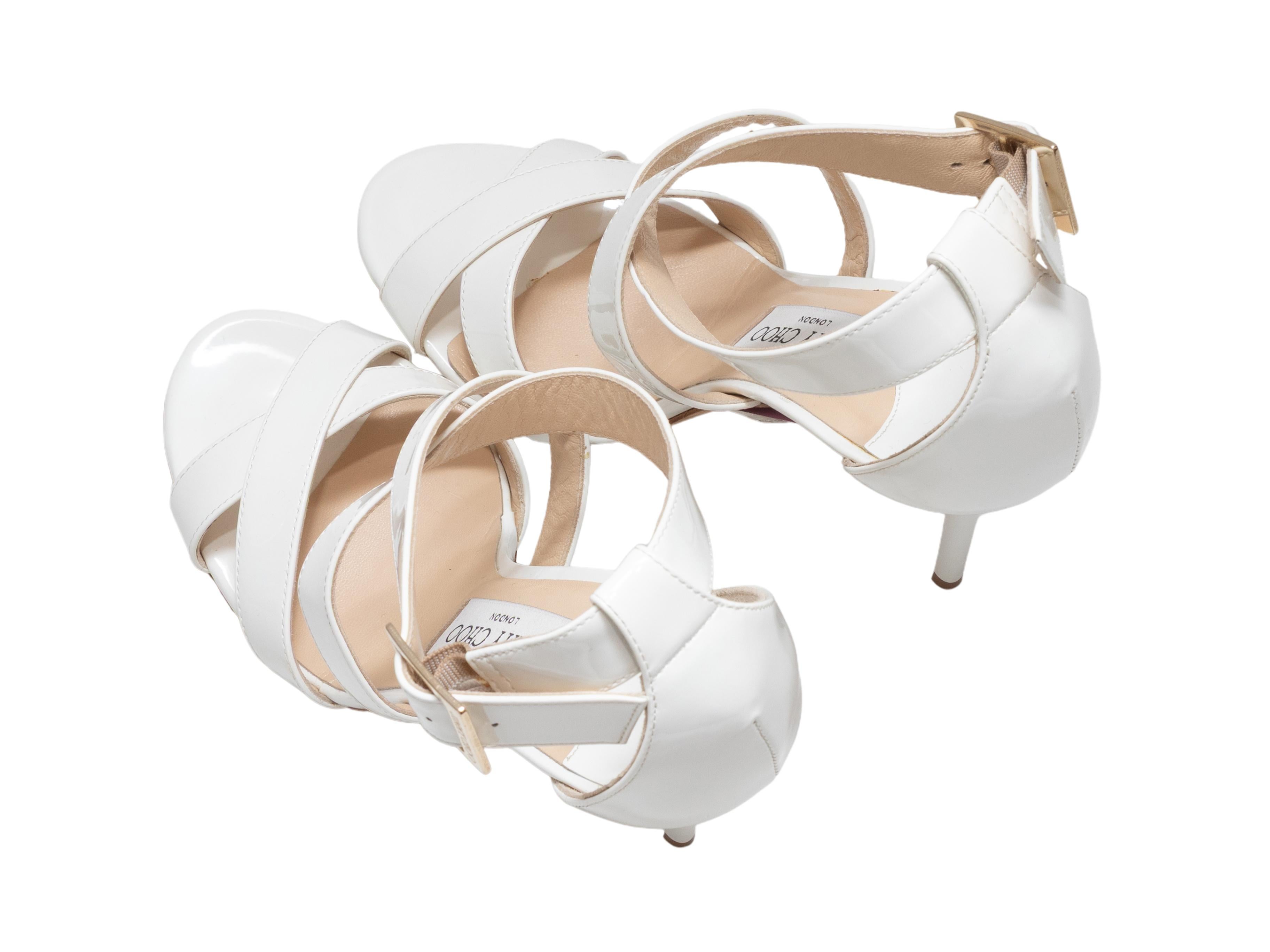 White Jimmy Choo Ankle Strap Heeled Sandals Size 37.5 In Good Condition For Sale In New York, NY