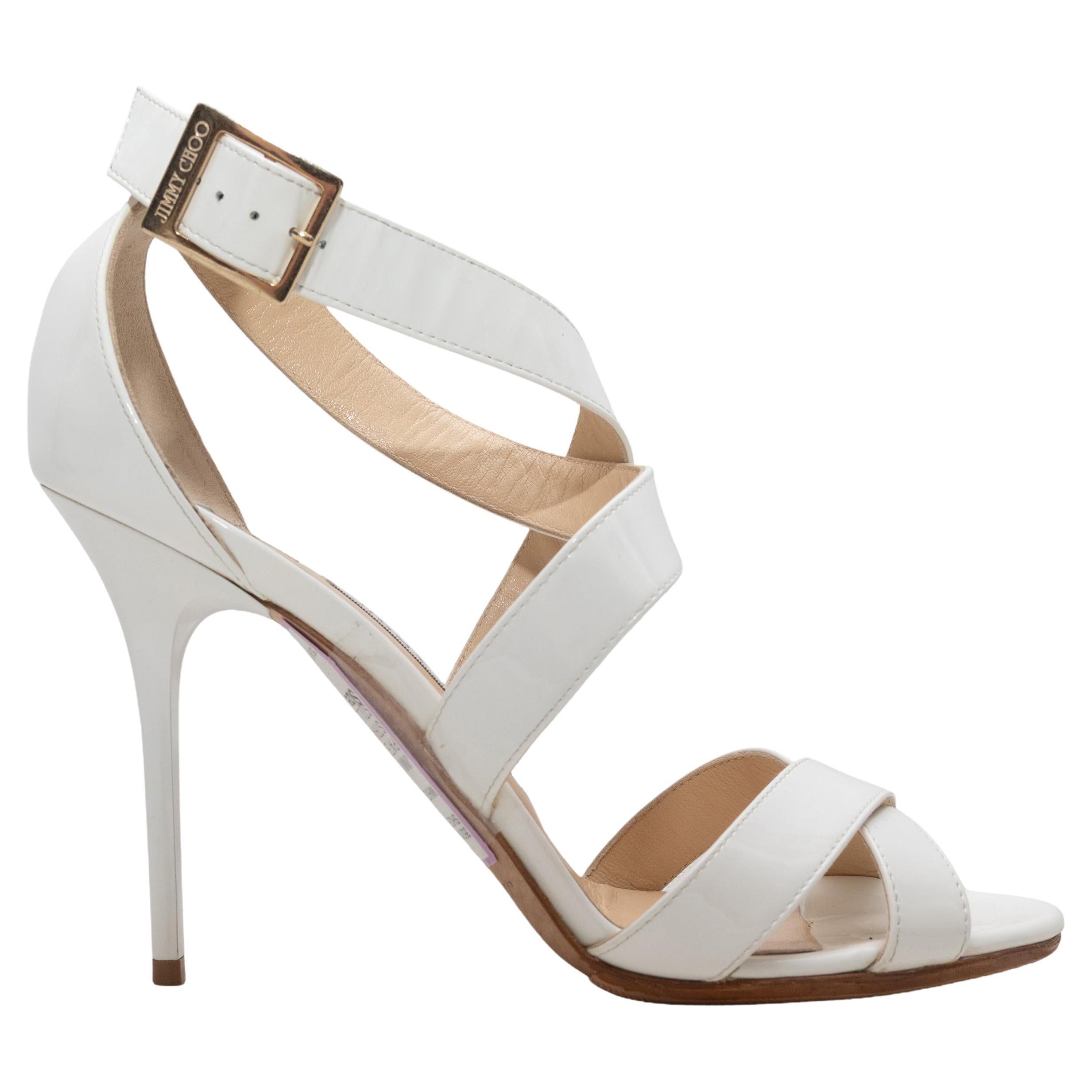White Jimmy Choo Ankle Strap Heeled Sandals Size 37.5 For Sale