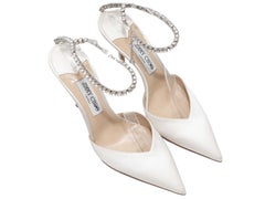 White Jimmy Choo Satin Pointed-Toe Crystal-Embellished Heels Size 41.5