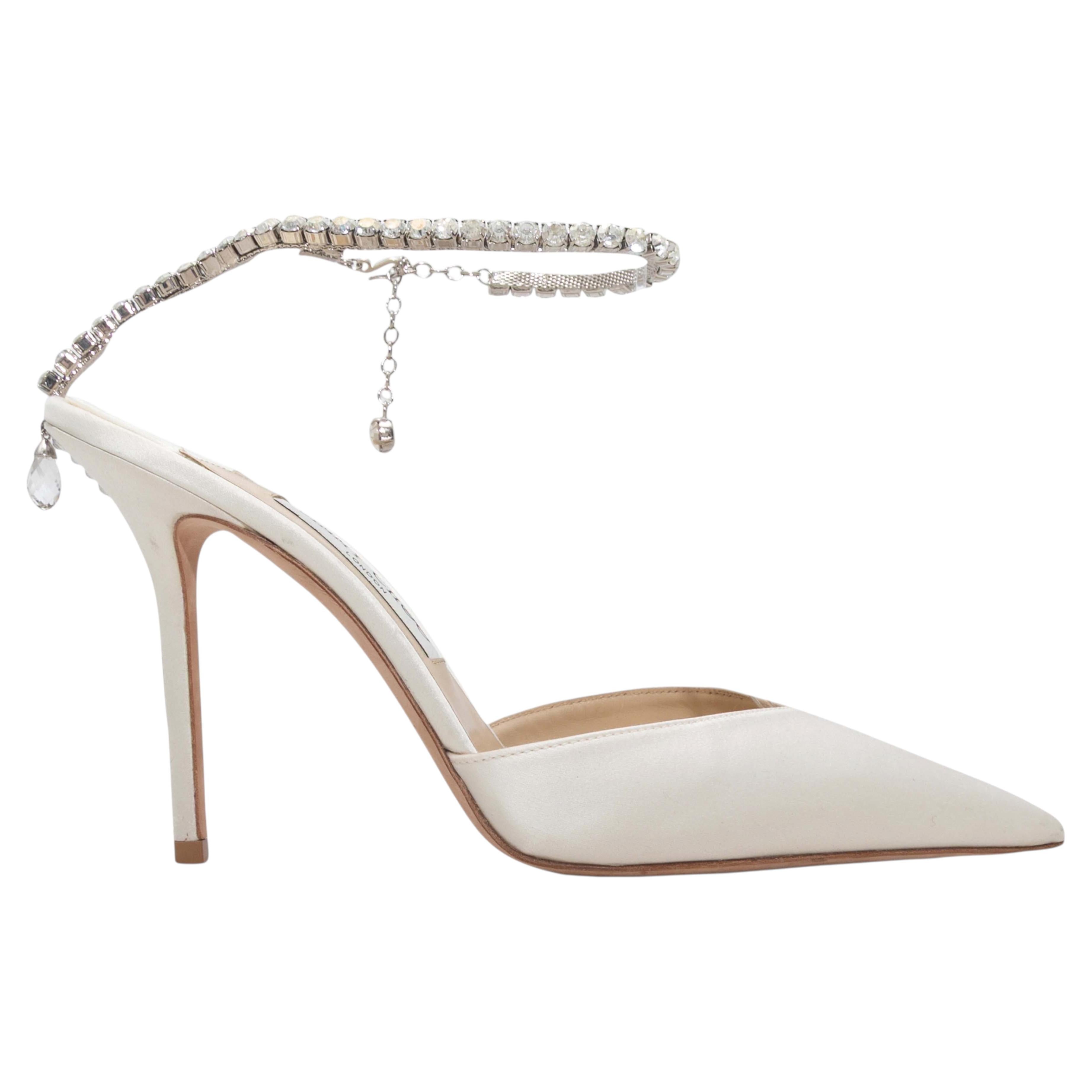 White Jimmy Choo Satin Pointed-Toe Crystal-Embellished Heels Size 41.5 For Sale