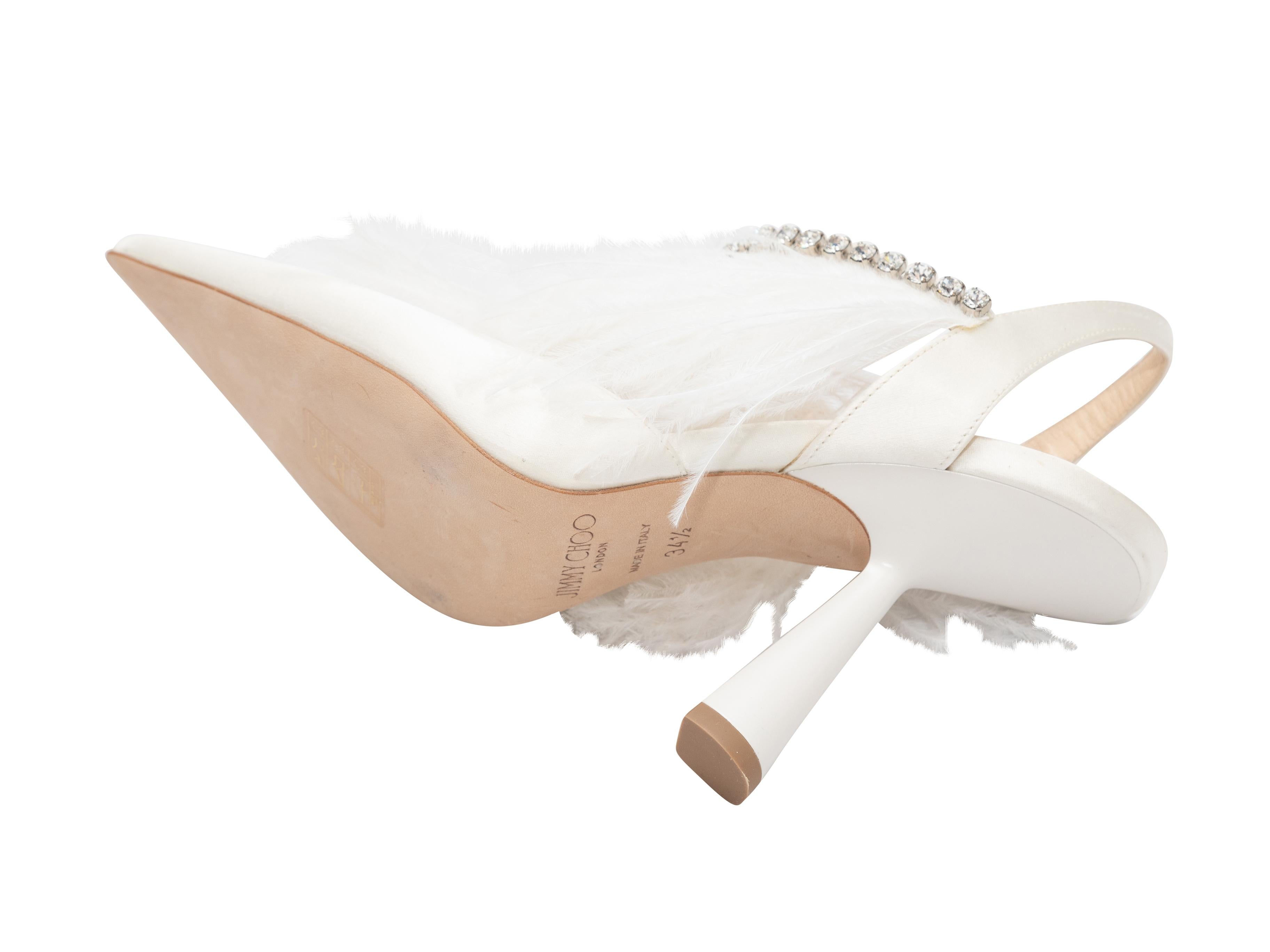 White Jimmy Pointed Pointed-Toe Satin Feather & Crystal-Embellished Heels 34.5 1