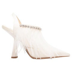 White Jimmy Pointed Pointed-Toe Satin Feather & Crystal-Embellished Heels 34.5