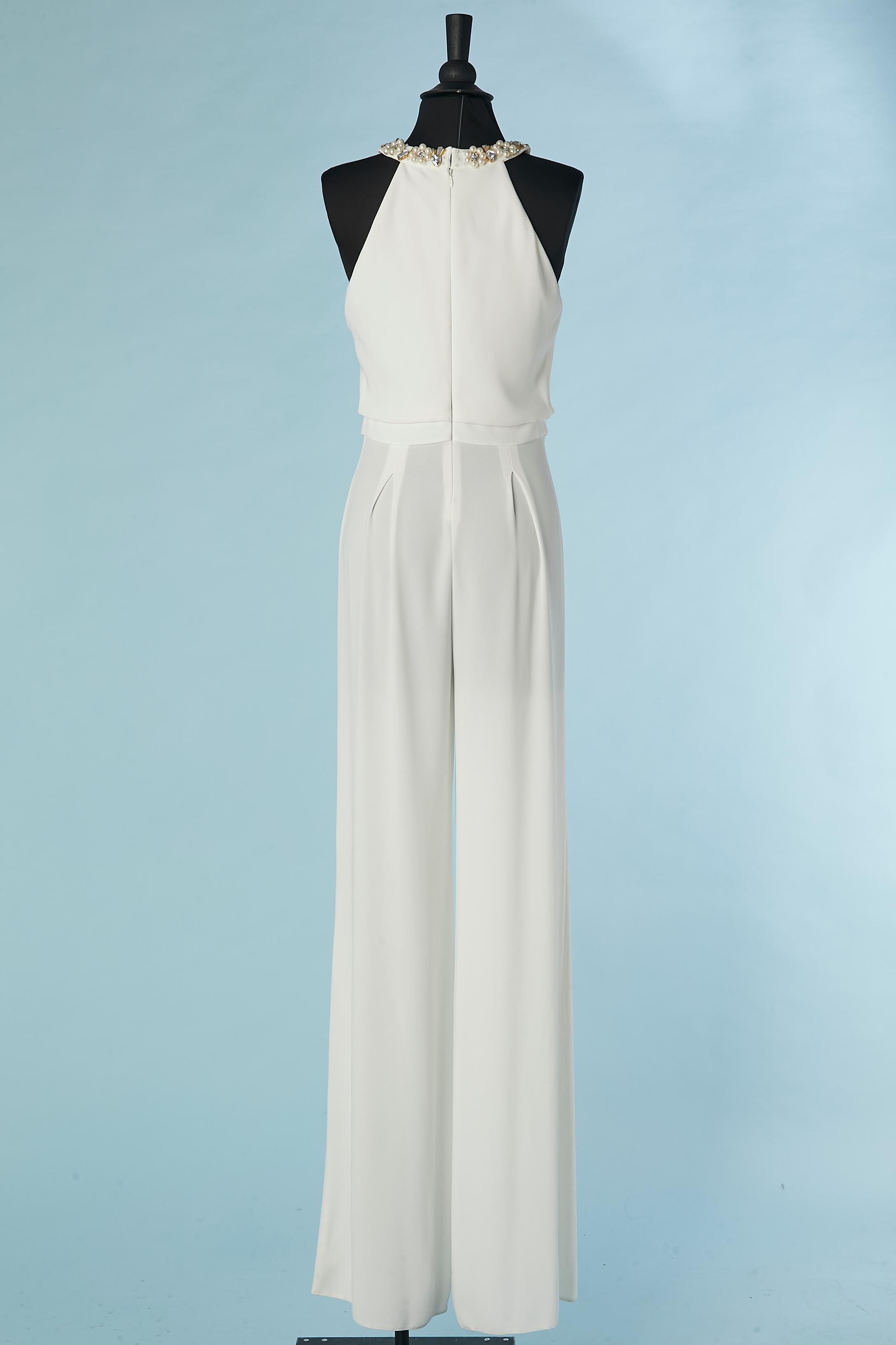 White jumpsuit with beadwork around the neckline Gai Mattiolo Love to Love  For Sale 1