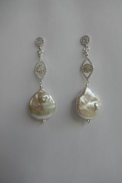 White Keshi Cultured Pearl, Cubic Zirconia, 925 Sterling Silver Post Earrings