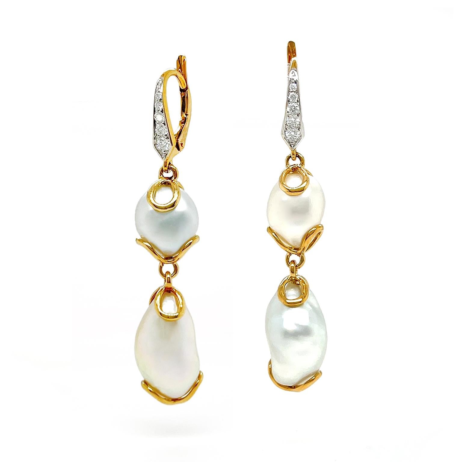 Brilliant Cut 18K Yellow Gold White Keshi Pearl and Diamond Lever-Back Earrings For Sale