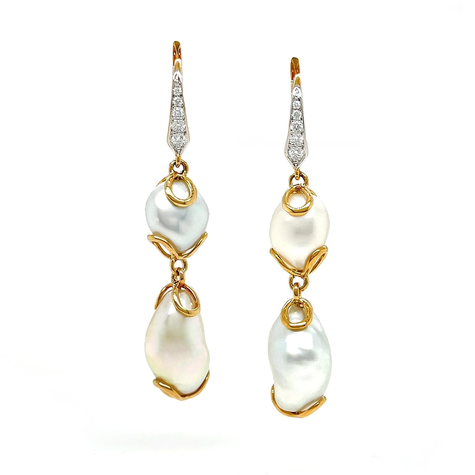 Women's 18K Yellow Gold White Keshi Pearl and Diamond Lever-Back Earrings For Sale