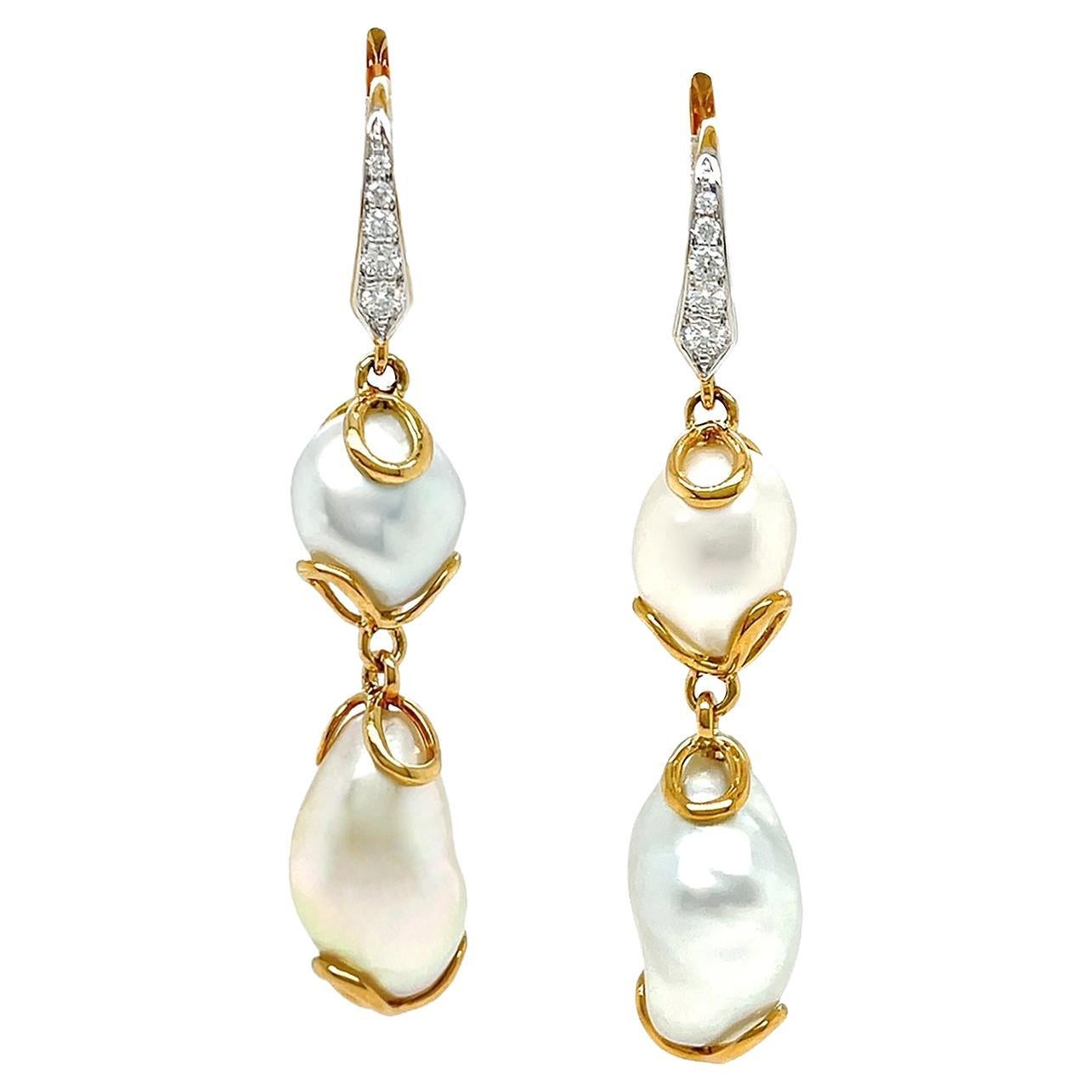 18K Yellow Gold White Keshi Pearl and Diamond Lever-Back Earrings