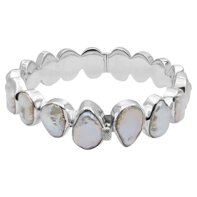 White Keshi Pearl Medium Open and Close Bangle in Sterling Silver For Sale