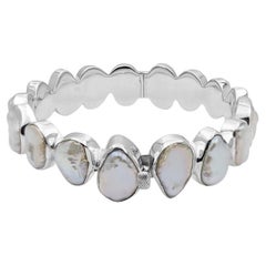 White Keshi Pearl Medium Open and Close Bangle in Sterling Silver