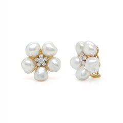 White Keshi Pearl South Sea 18K Yellow Gold Diamond Cluster Earrings