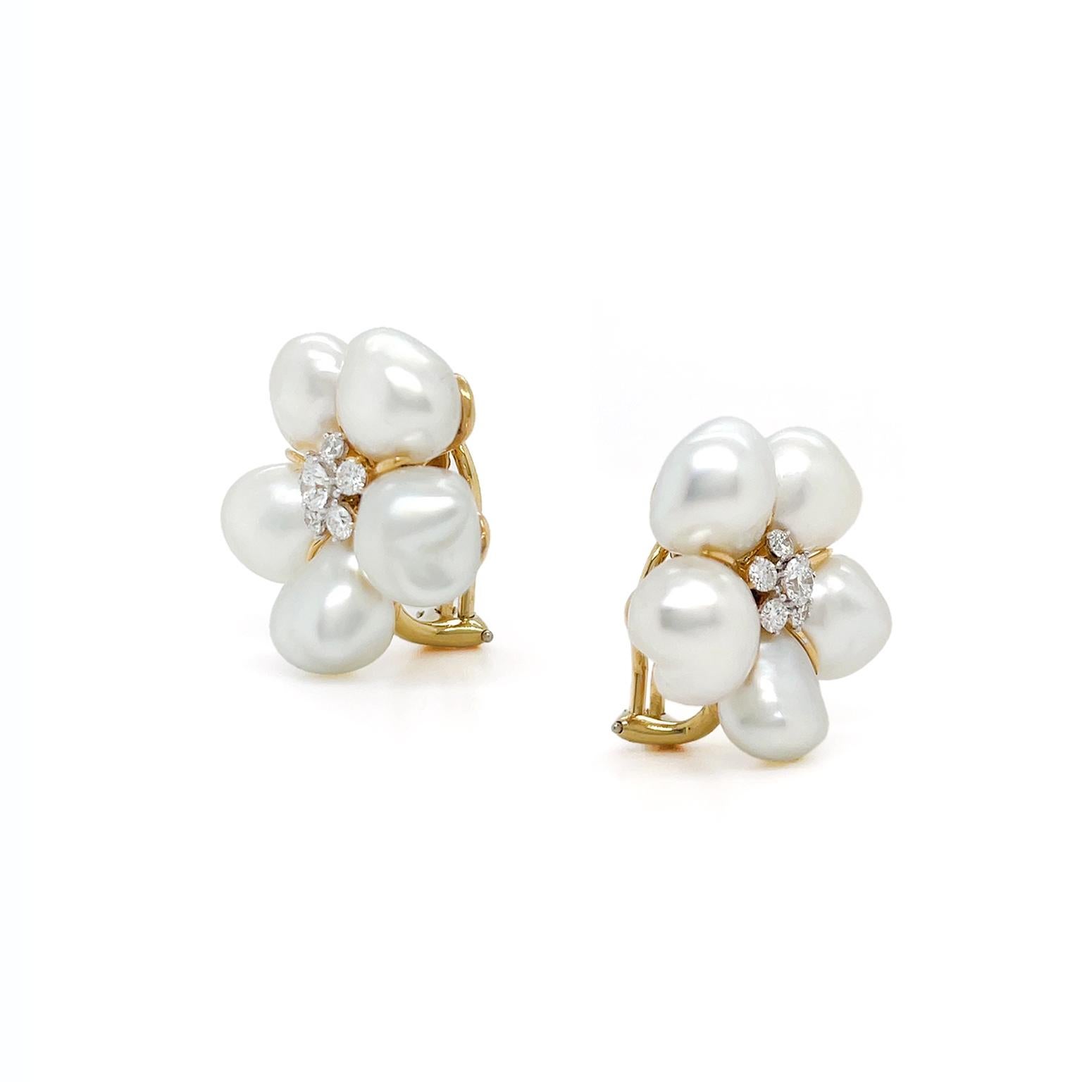 Brilliant Cut White Keshi Pearl South Sea 18K Yellow Gold Diamond Cluster Earrings For Sale