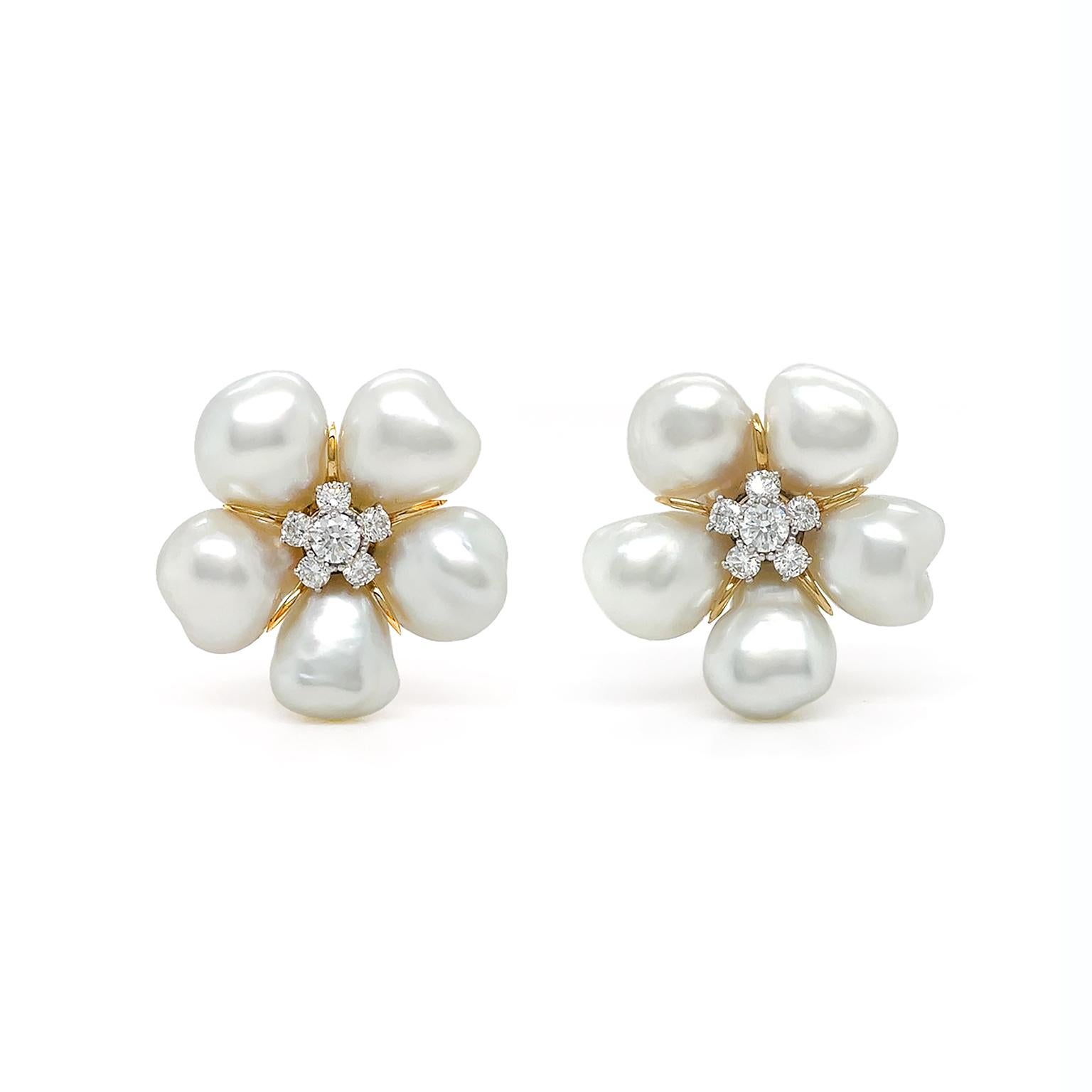 White Keshi Pearl South Sea 18K Yellow Gold Diamond Cluster Earrings In New Condition For Sale In New York, NY