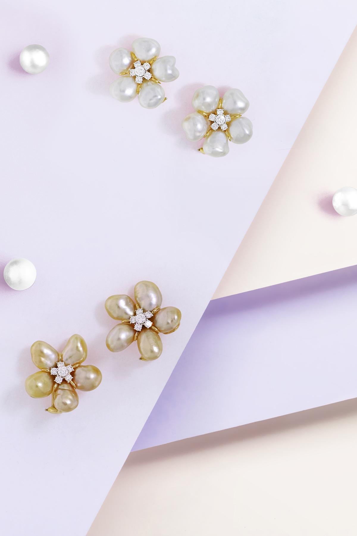 Women's White Keshi Pearl South Sea 18K Yellow Gold Diamond Cluster Earrings For Sale