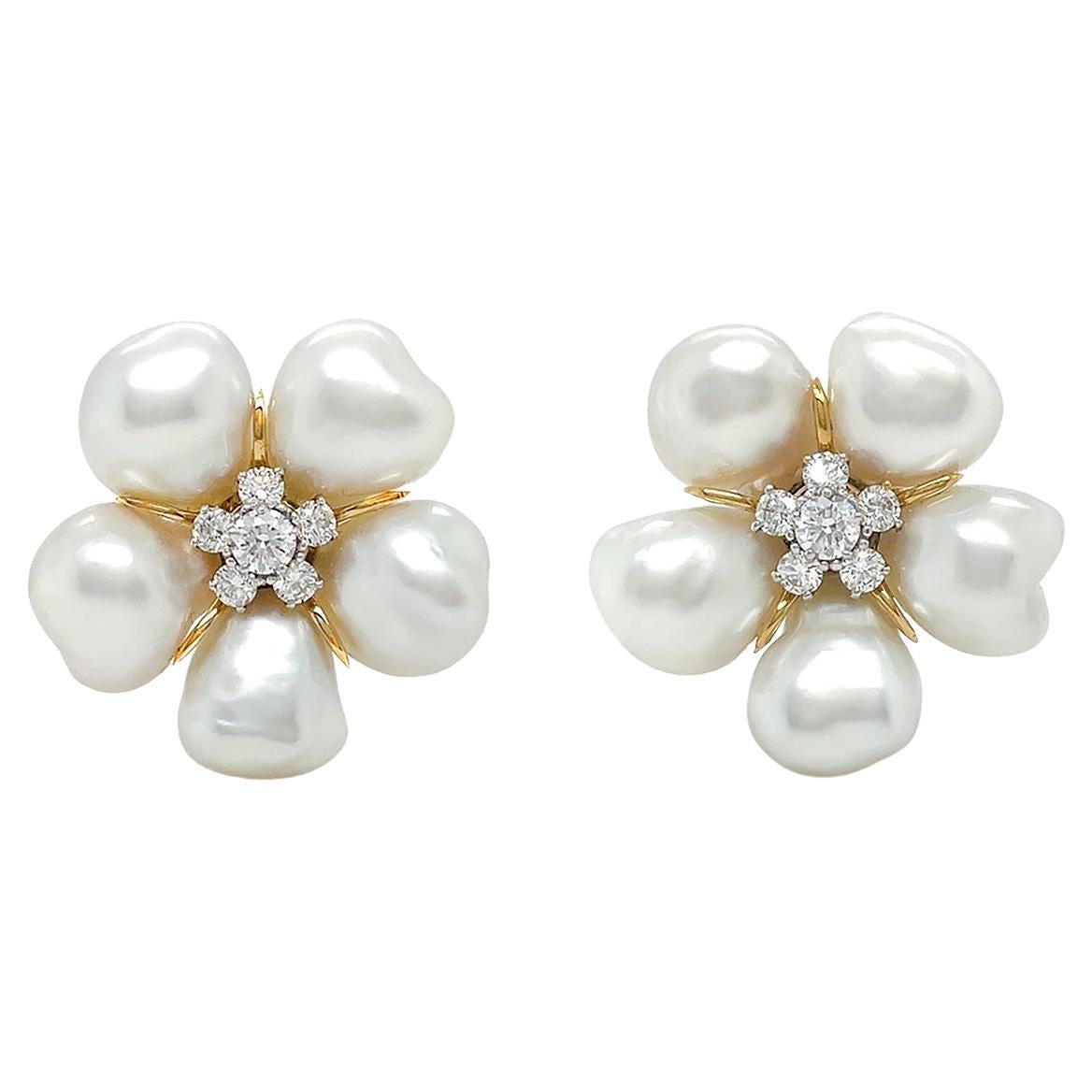 White Keshi Pearl South Sea 18K Yellow Gold Diamond Cluster Earrings For Sale