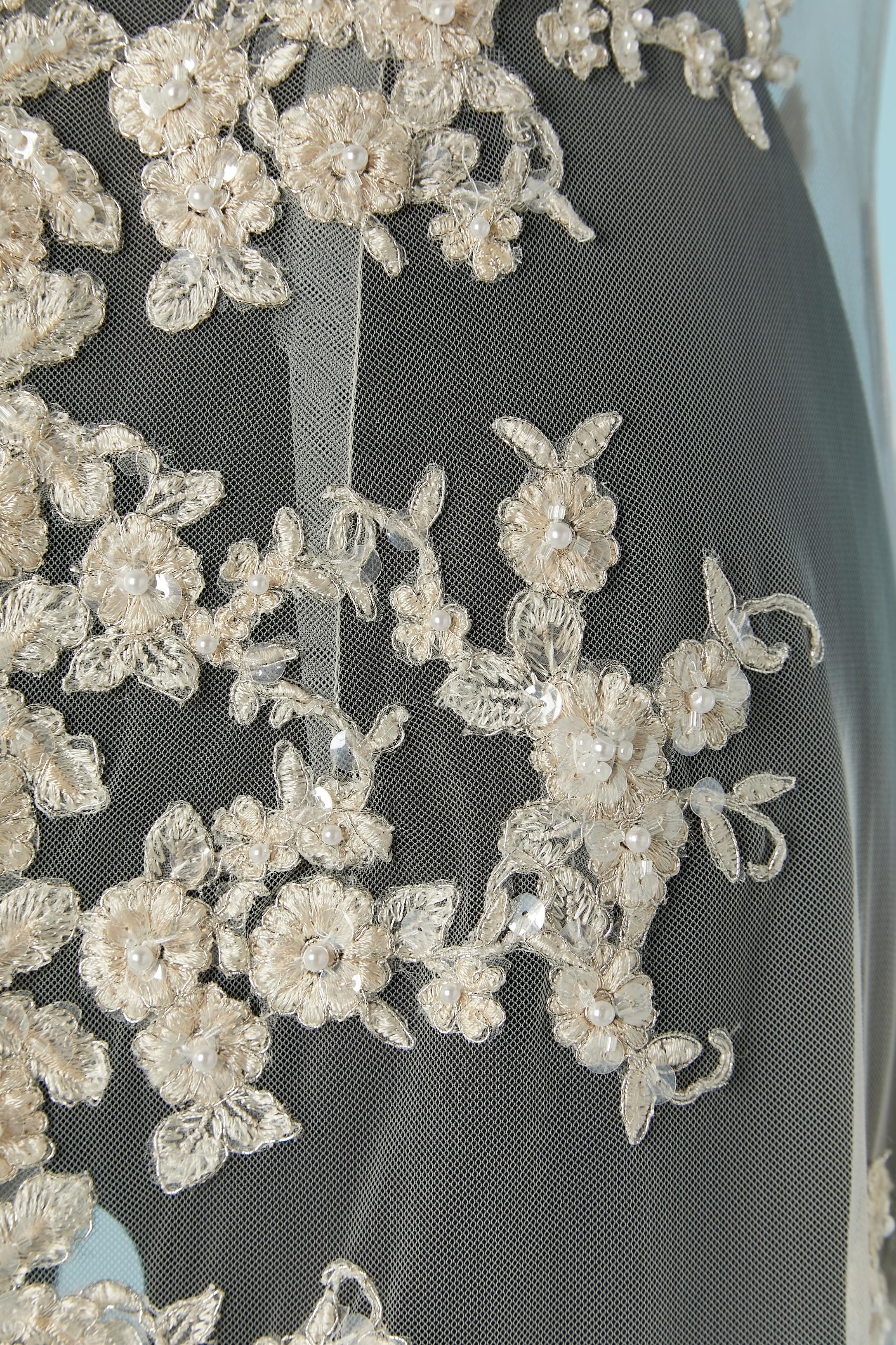 Donna Cappotto da sposa in pizzo bianco con ricami e tulle con strascico