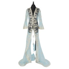 White lace embroideries and tulle wedding coat with drag