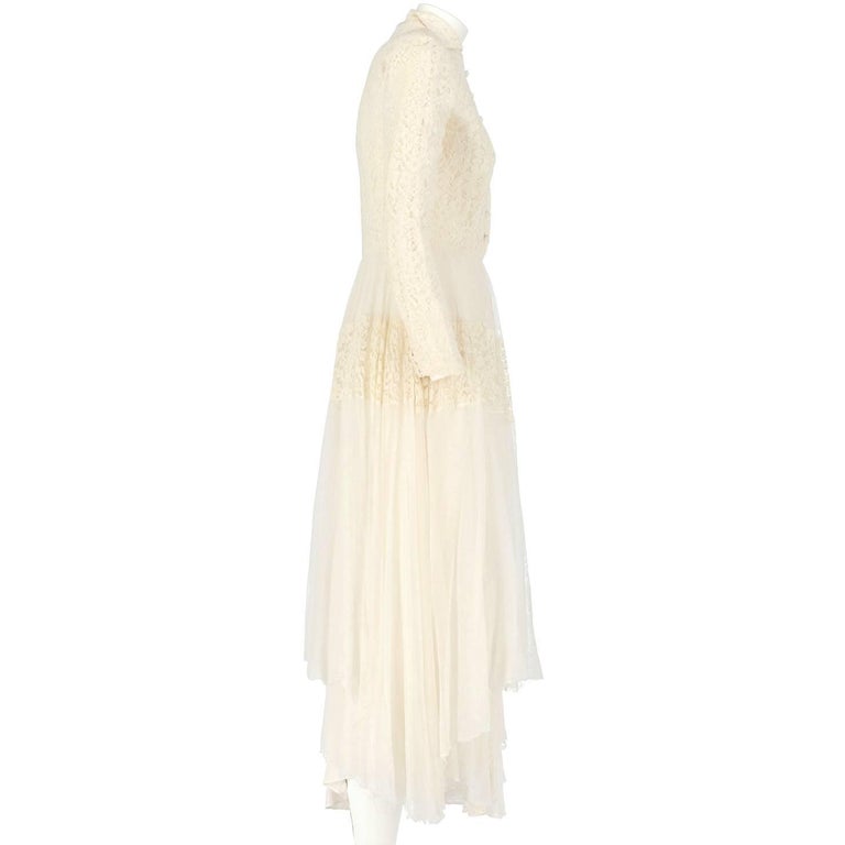 Heirloom Level Exquisite 1950s Handmade Couture White Lace Wedding Dress w a Matching Veil