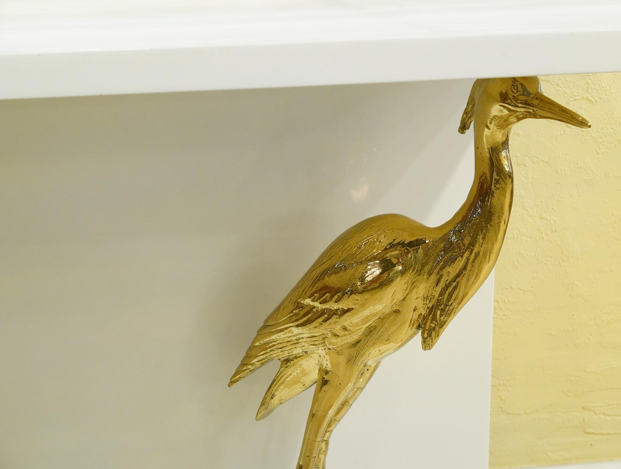 Mid-Century Modern White Lacquer and Brass Egrets Console Table Manner of Jacques Duval-Brasseur