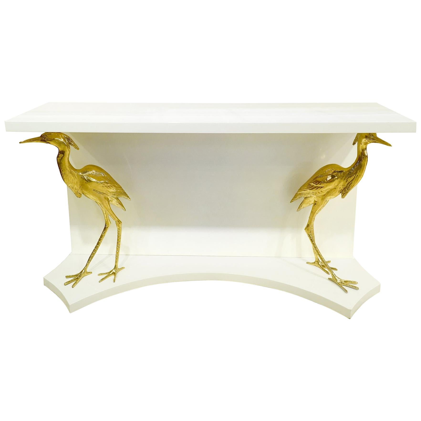 White Lacquer and Brass Egrets Console Table Manner of Jacques Duval-Brasseur